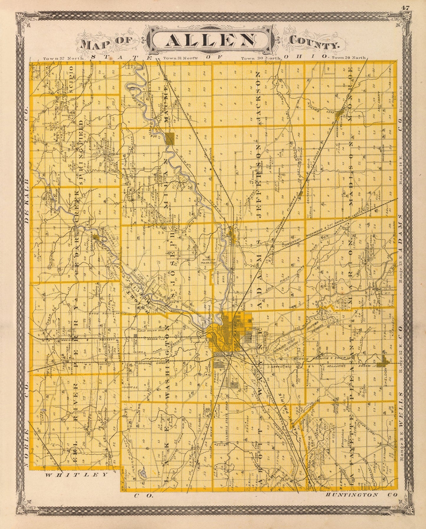Vintage Map of Allen County, Indiana, 1876