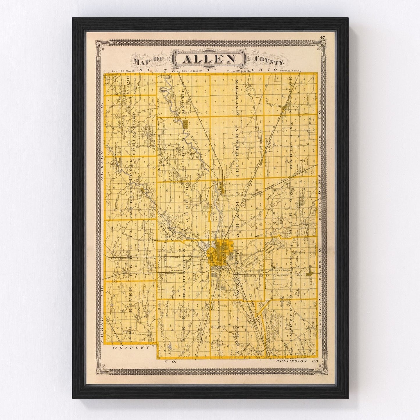 Vintage map of Allen County, Indiana, 1876, digitally restored print