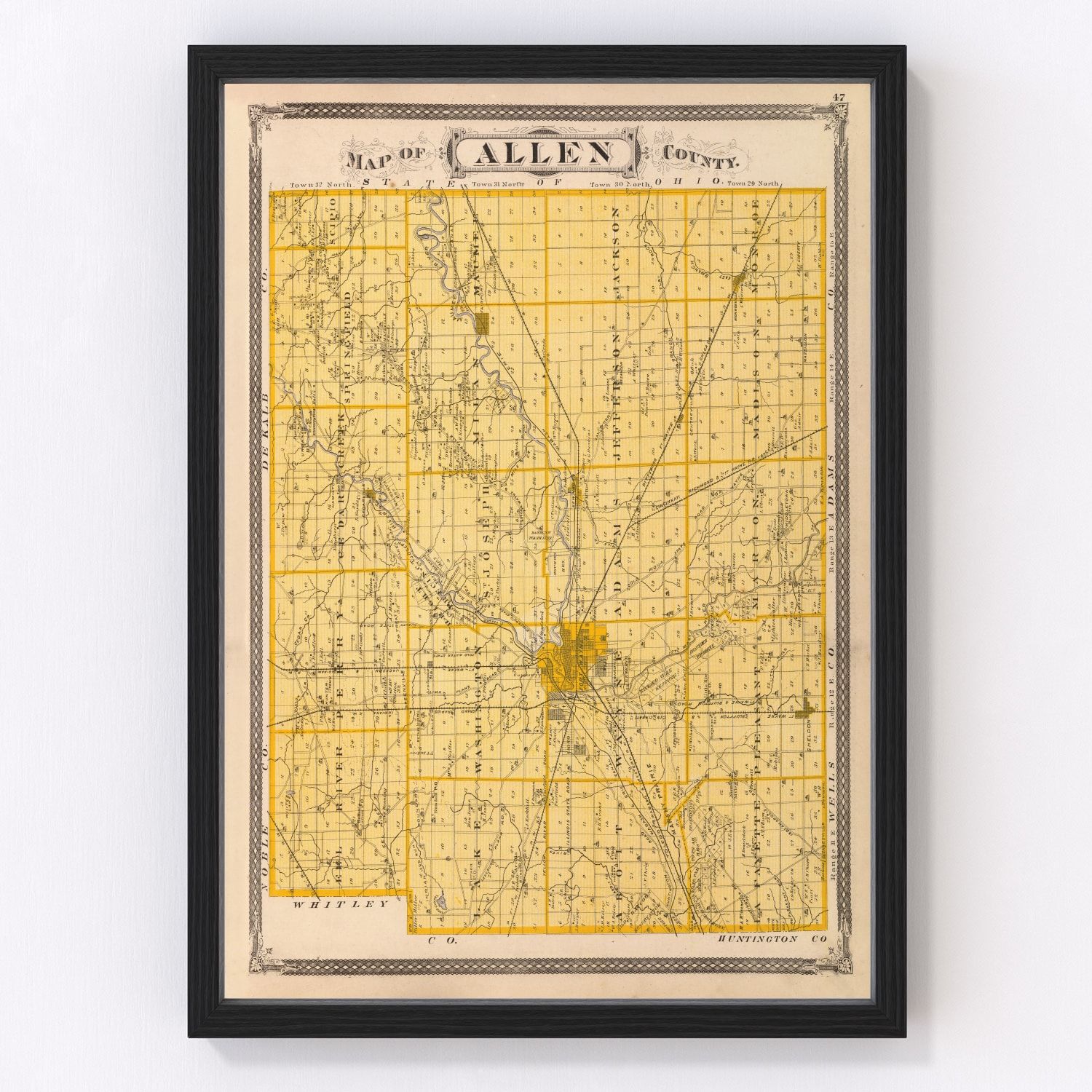 Vintage map of Allen County, Indiana, 1876, digitally restored print