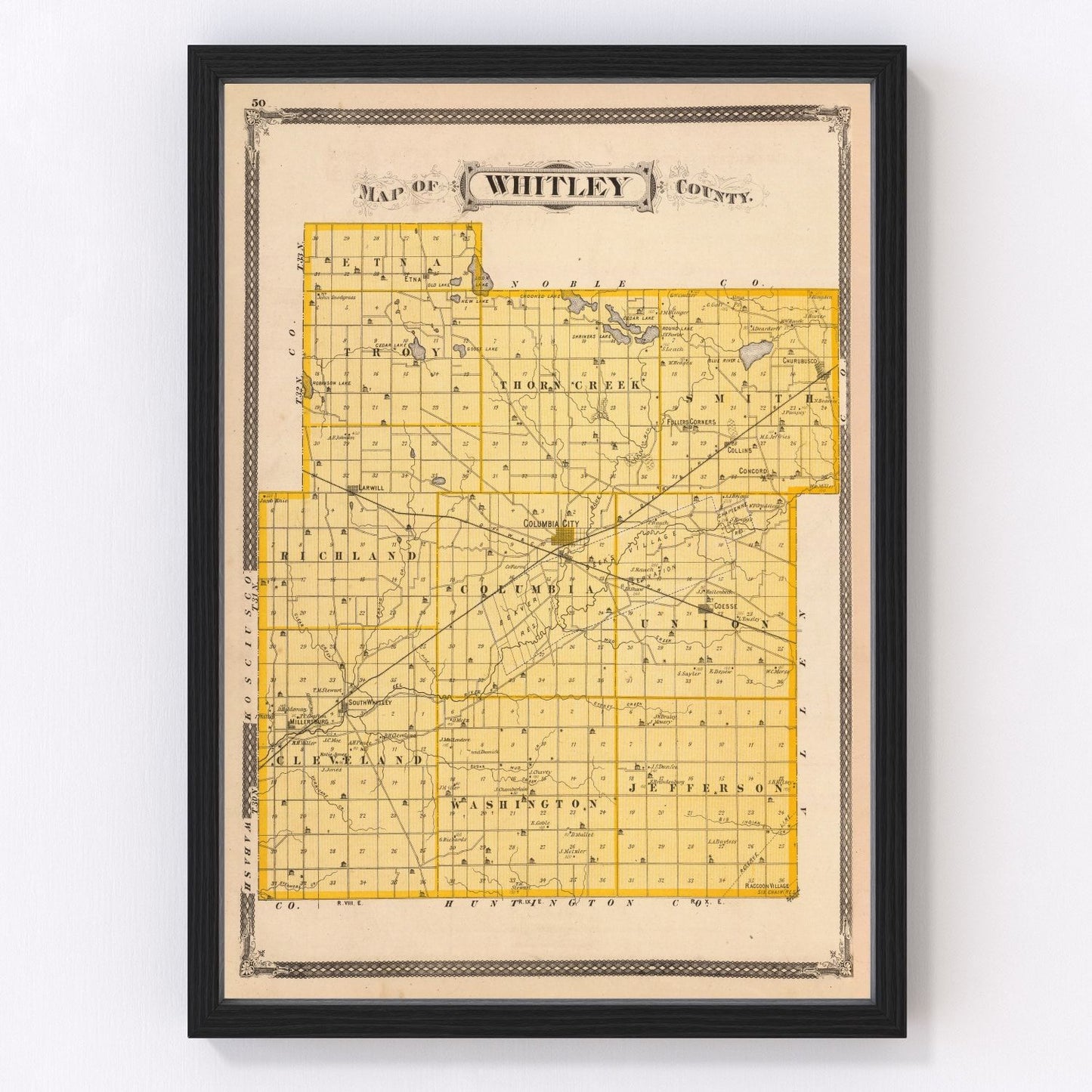 Vintage map of Whitley County, Indiana 1876, Columbia City and Churubusco post-Civil War