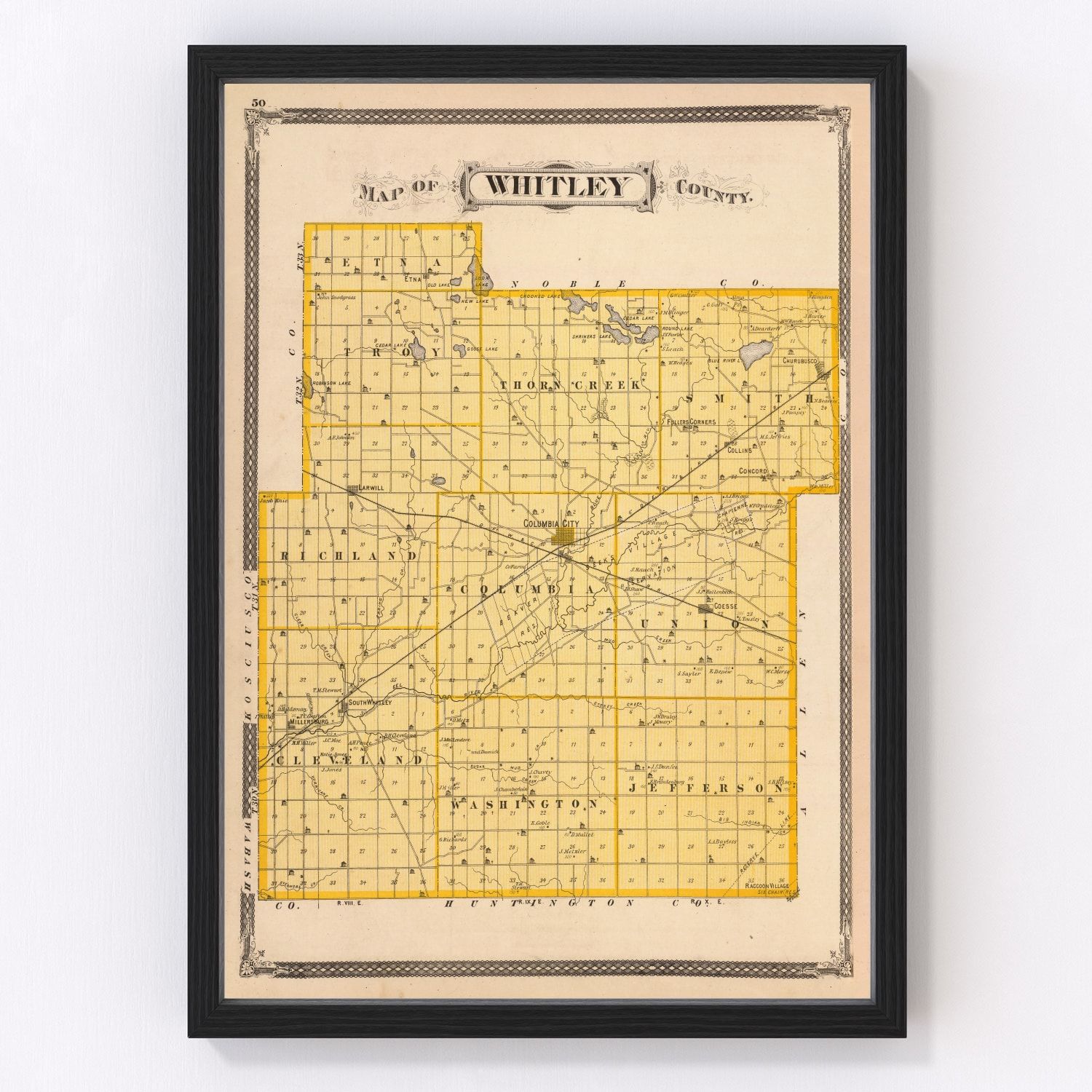 Vintage map of Whitley County, Indiana 1876, Columbia City and Churubusco post-Civil War