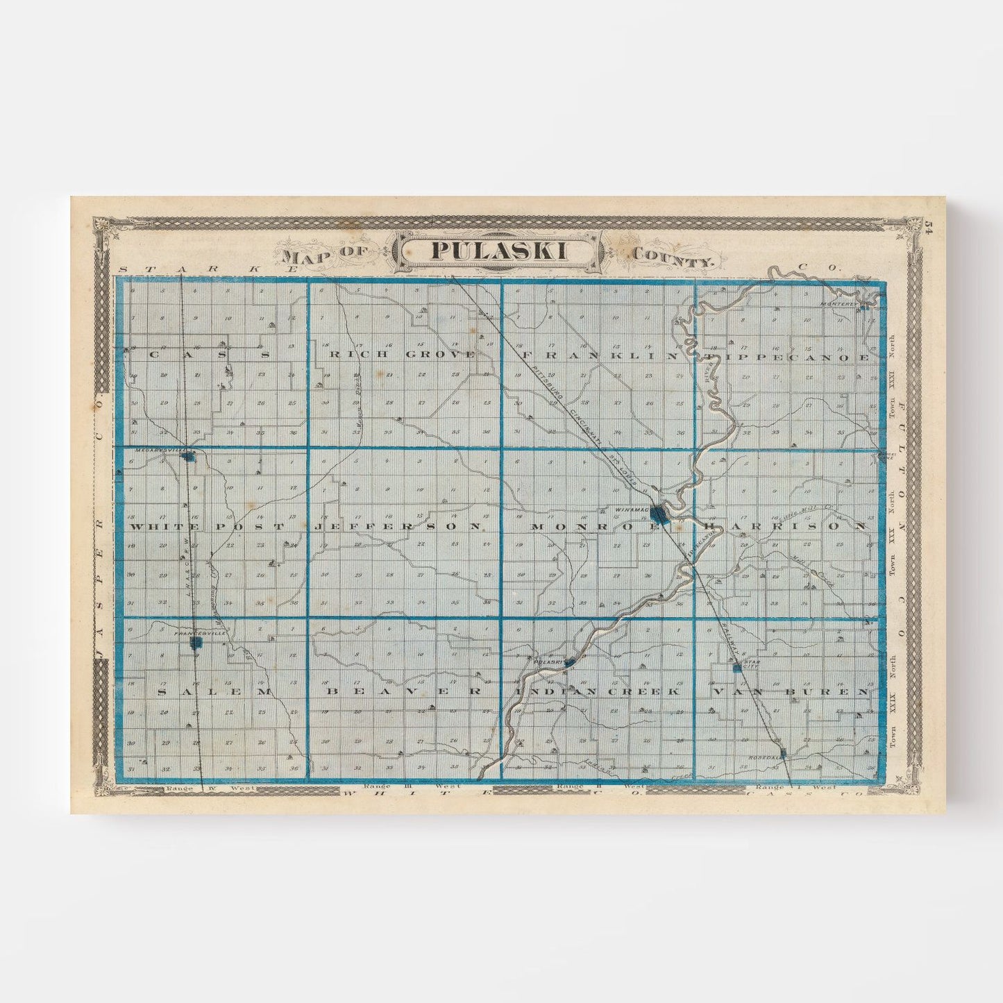 Vintage Map of Pulaski County, Indiana, 1876