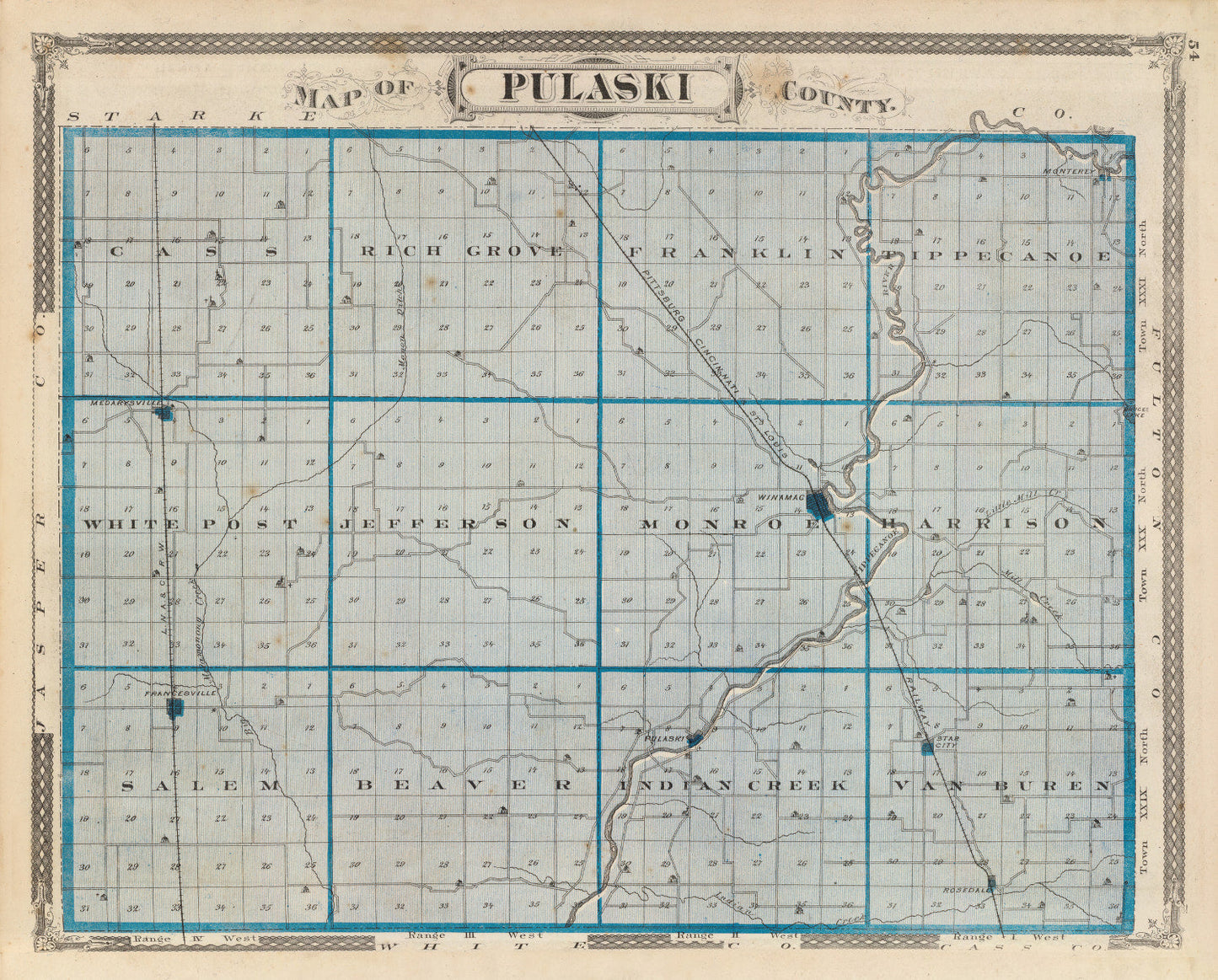 Vintage Map of Pulaski County, Indiana, 1876