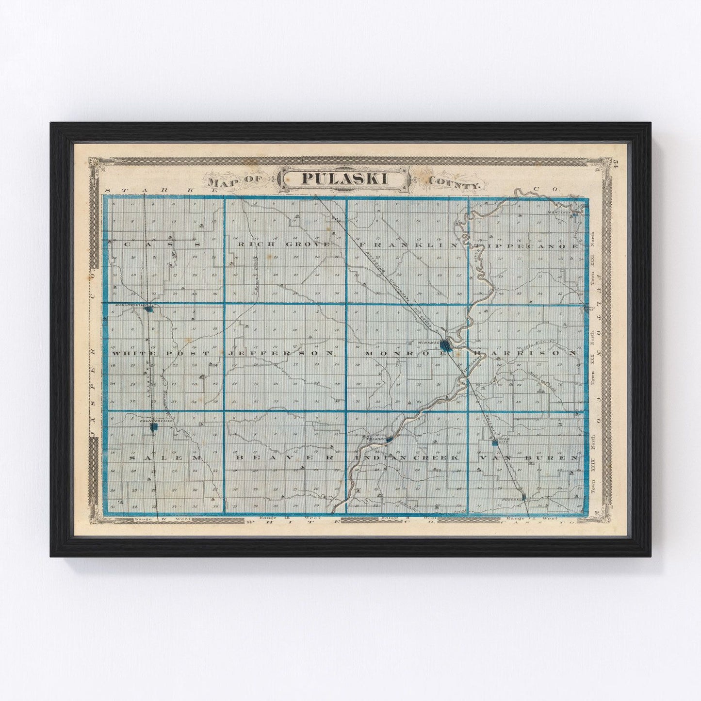 vintage map of Pulaski County, Indiana, 1876