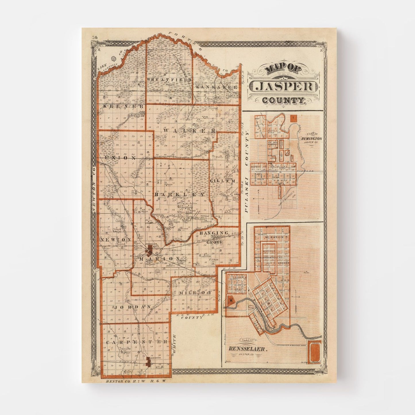 Vintage Map of Jasper County, Indiana, 1876