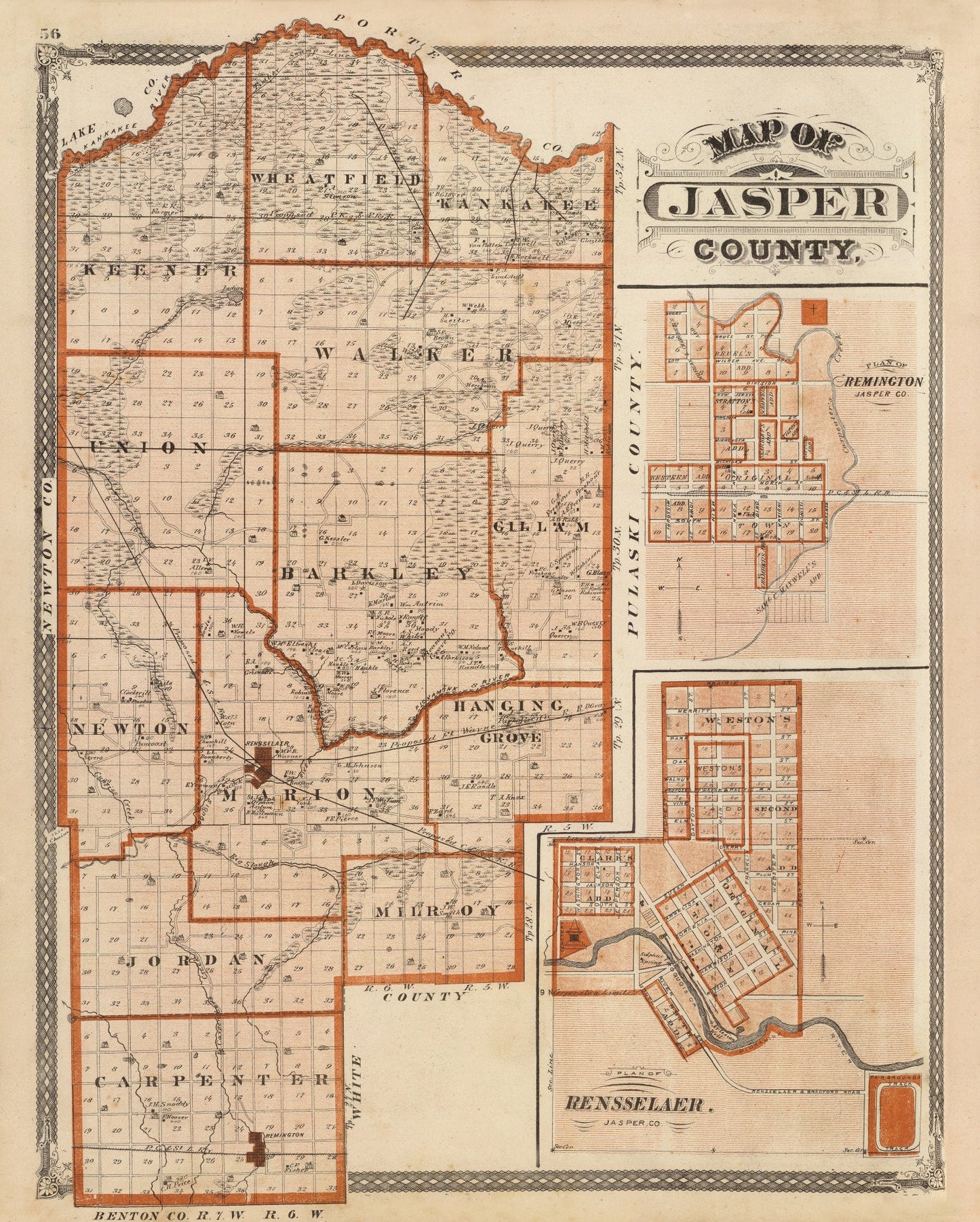 Vintage Map of Jasper County, Indiana, 1876