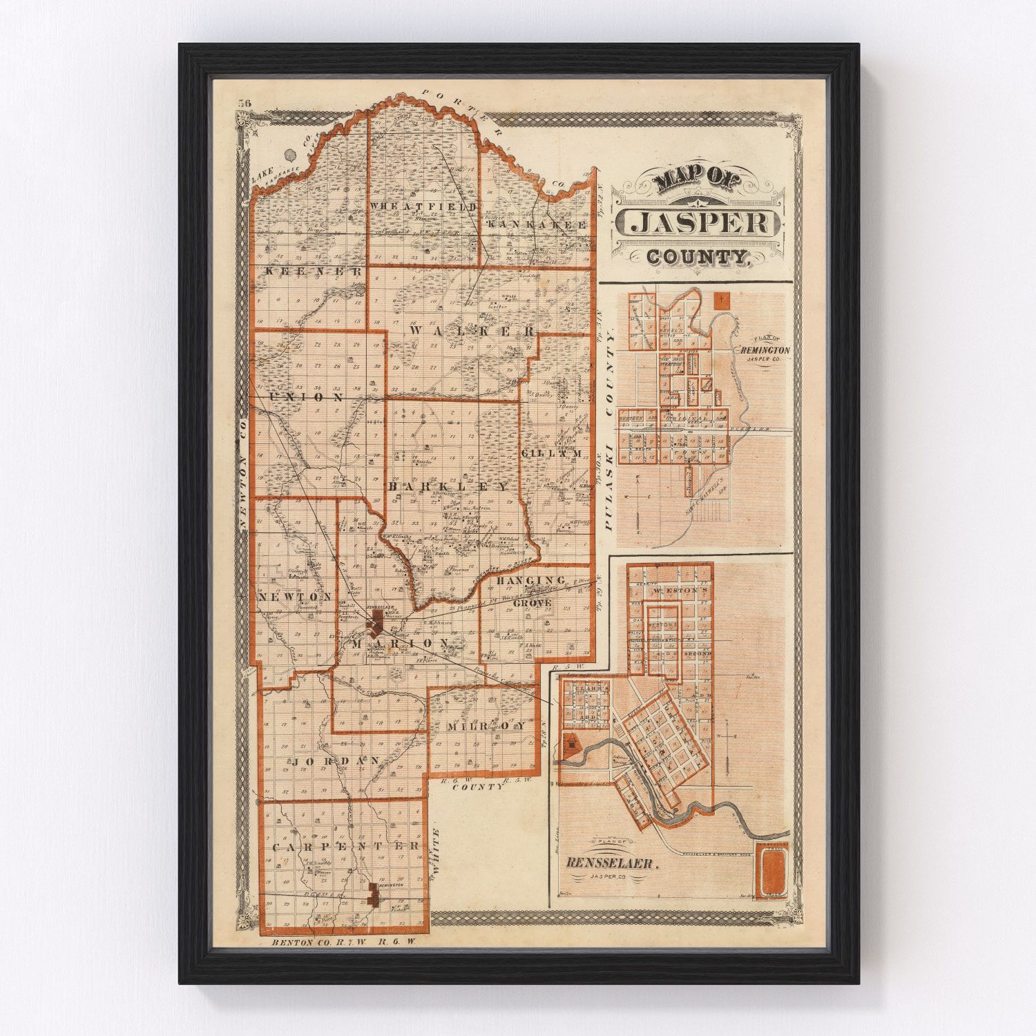 Vintage map of Jasper County, Indiana, 1876