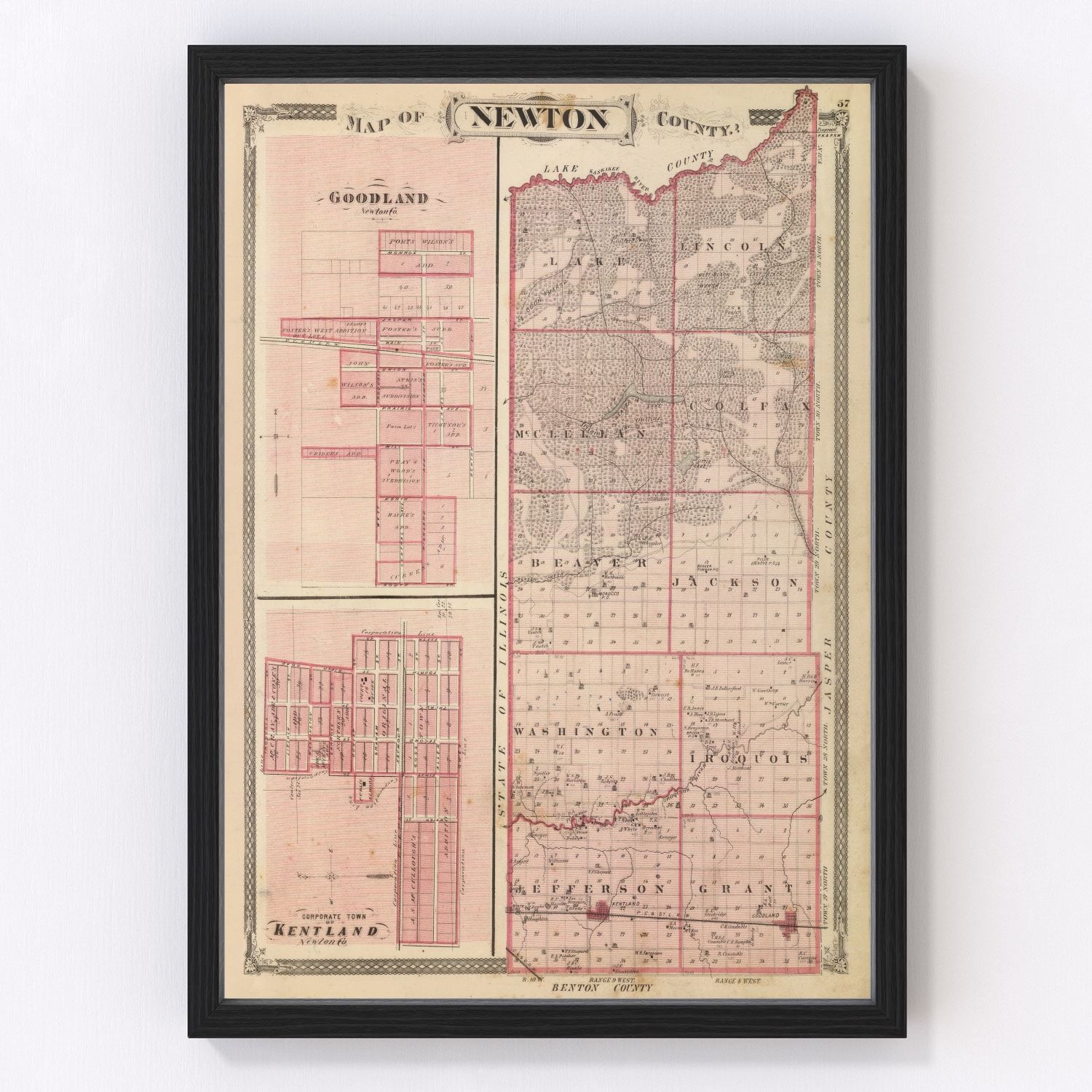 Vintage map of Newton County, Indiana, 1876