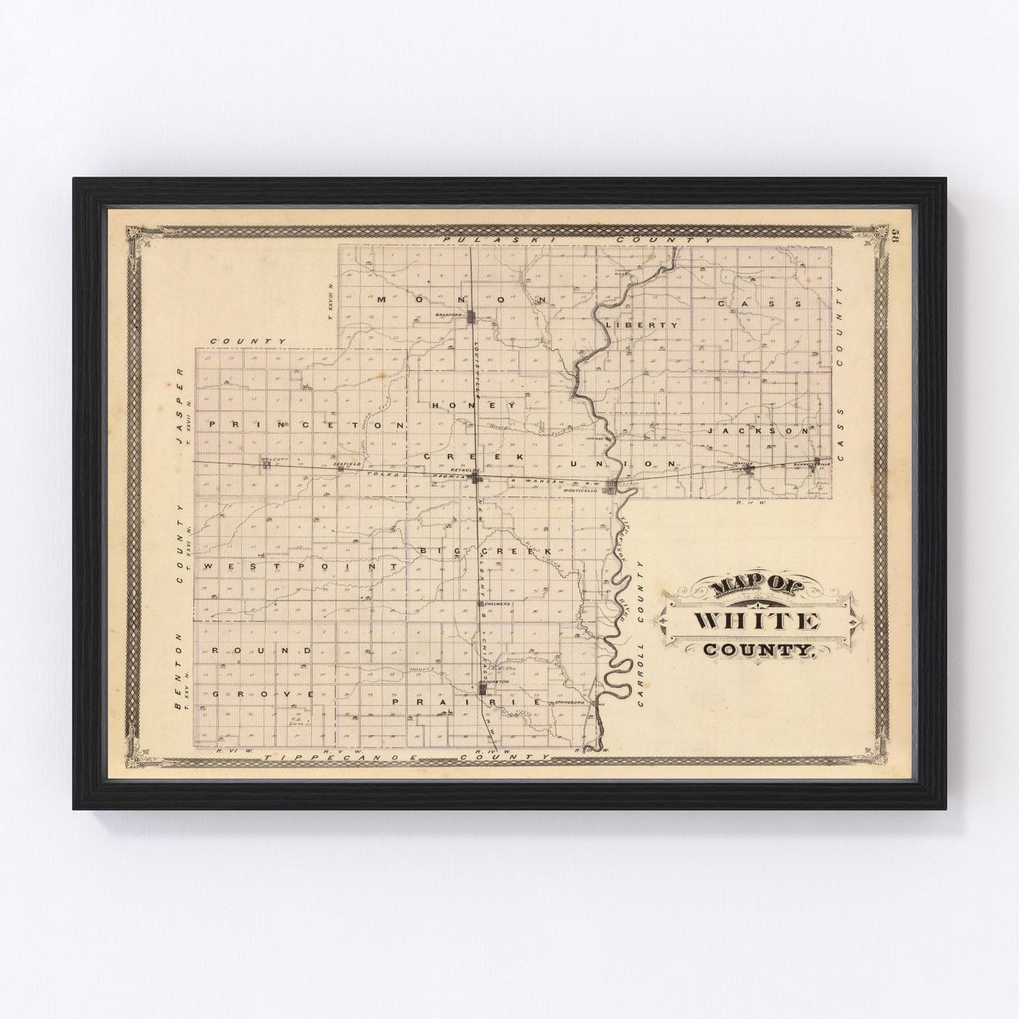 Vintage map of White County, Indiana, 1876 - Monticello restored cartographic print