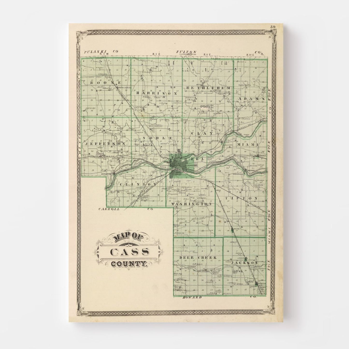 Vintage Map of Cass County, Indiana, 1876