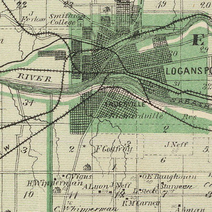 Vintage Map of Cass County, Indiana, 1876