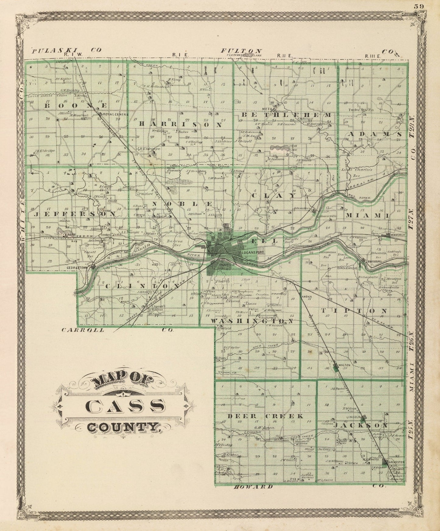 Vintage Map of Cass County, Indiana, 1876
