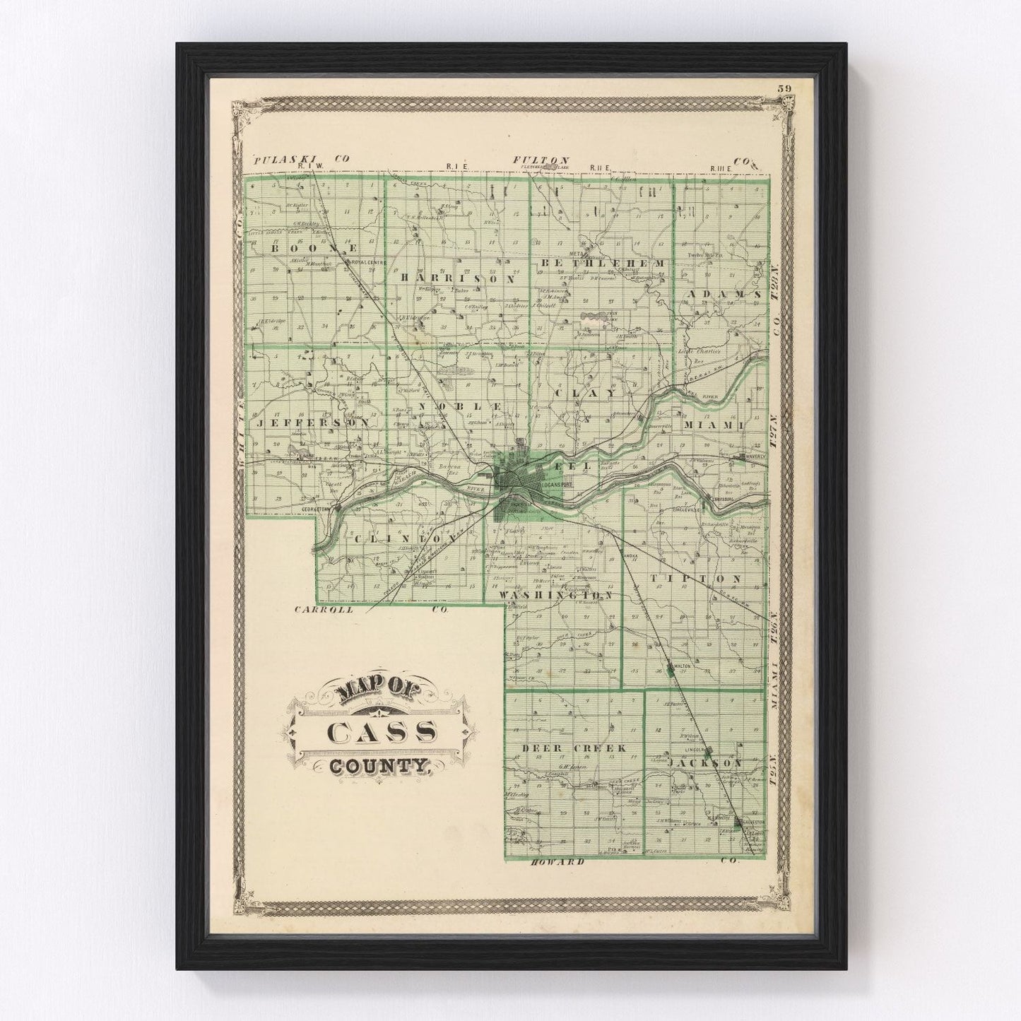 Vintage map of Cass County, Indiana, 1876, restored vintage wall art print