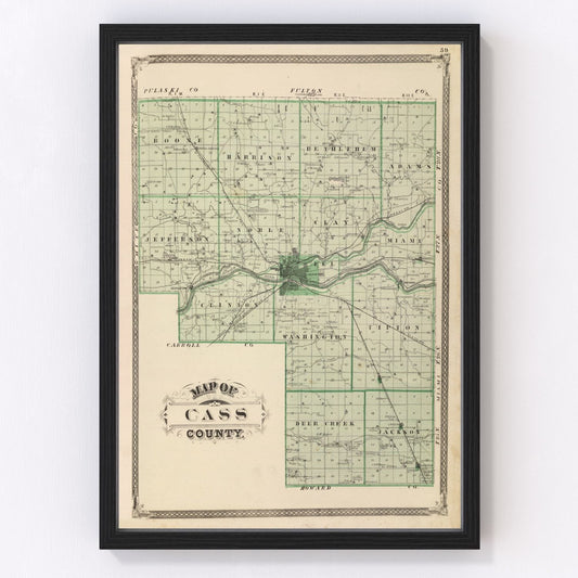 Vintage map of Cass County, Indiana, 1876, restored vintage wall art print