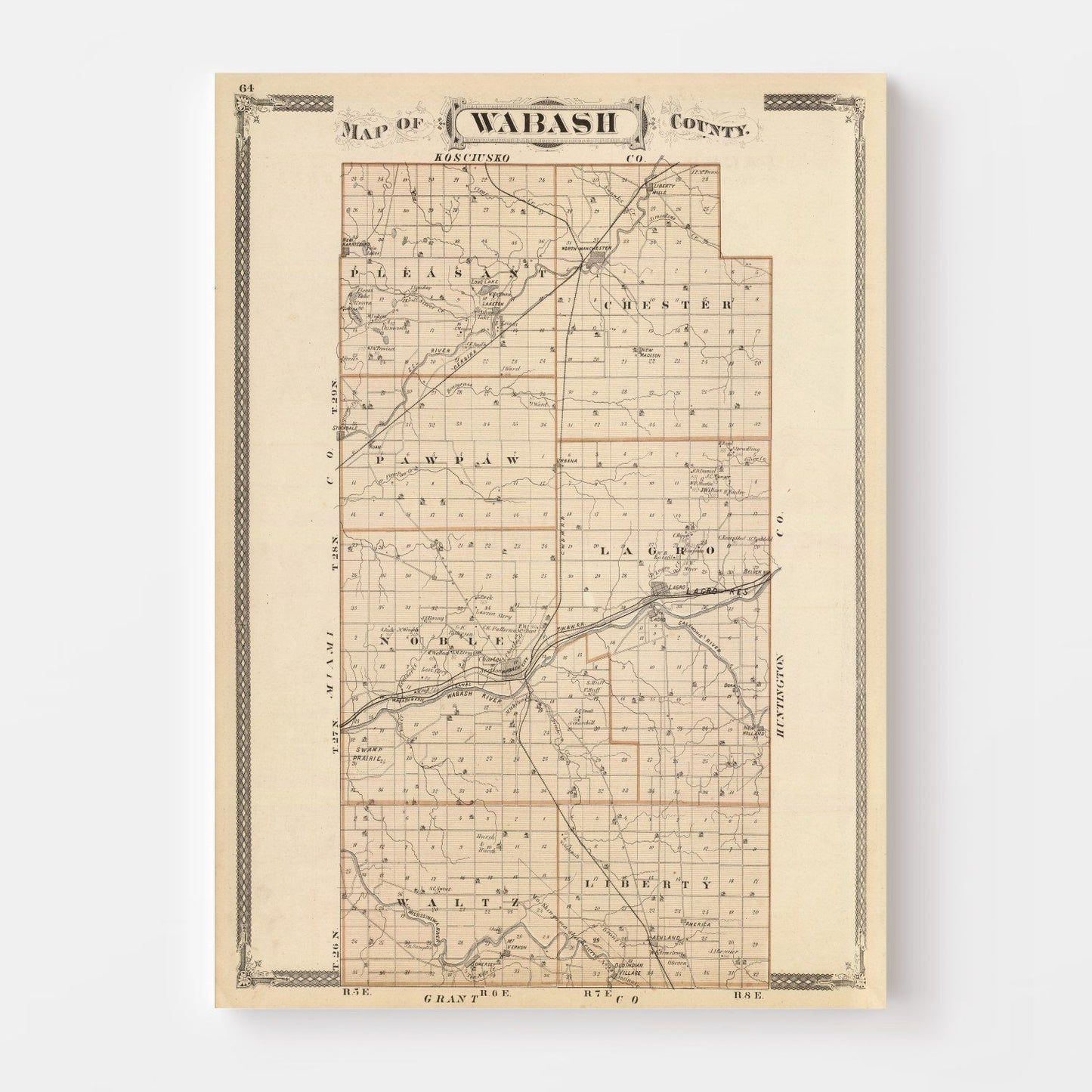 Vintage Map of Wabash County, Indiana, 1876