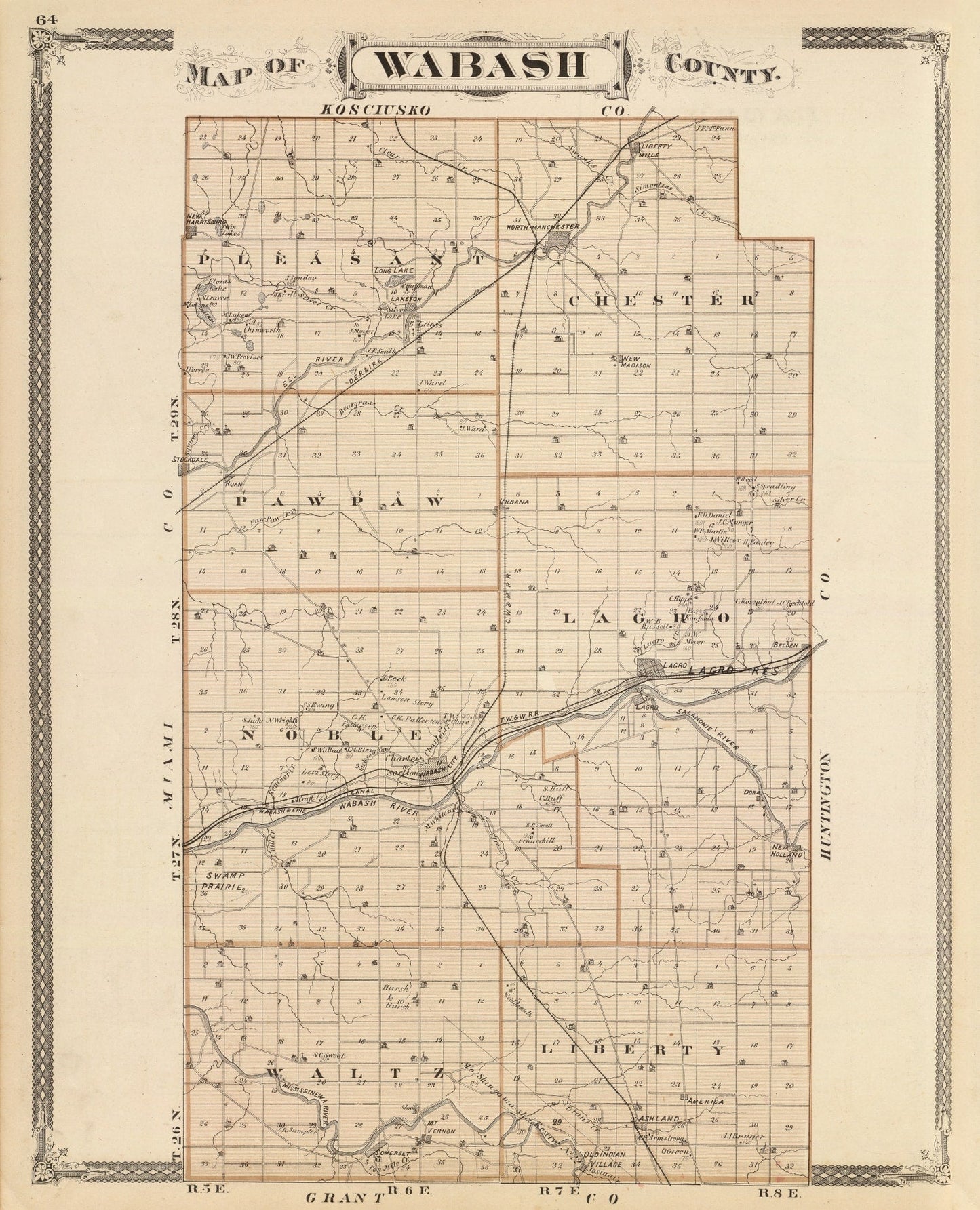 Vintage Map of Wabash County, Indiana, 1876