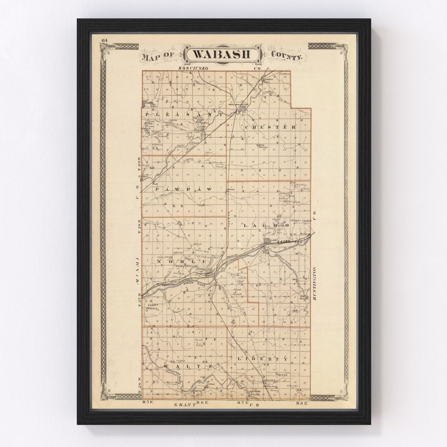 Vintage map of Wabash County, Indiana, 1876, digitally restored