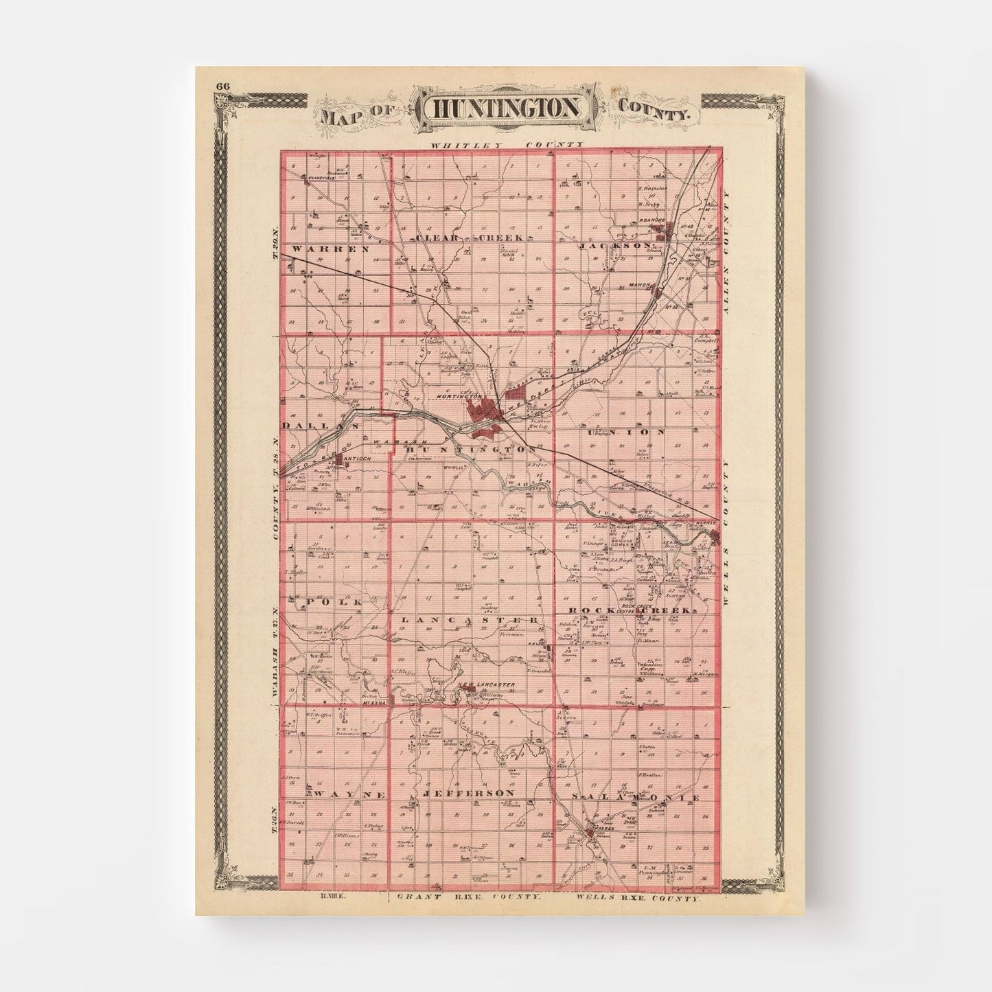 Vintage Map of Huntington County, Indiana, 1876