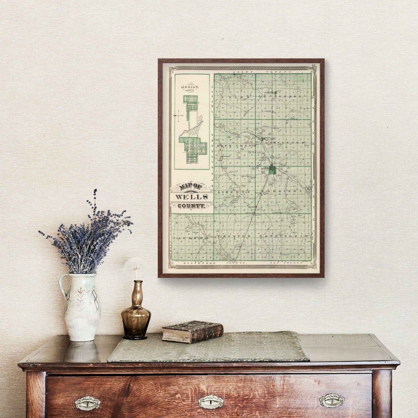 Vintage Map of Wells County, Indiana, 1876