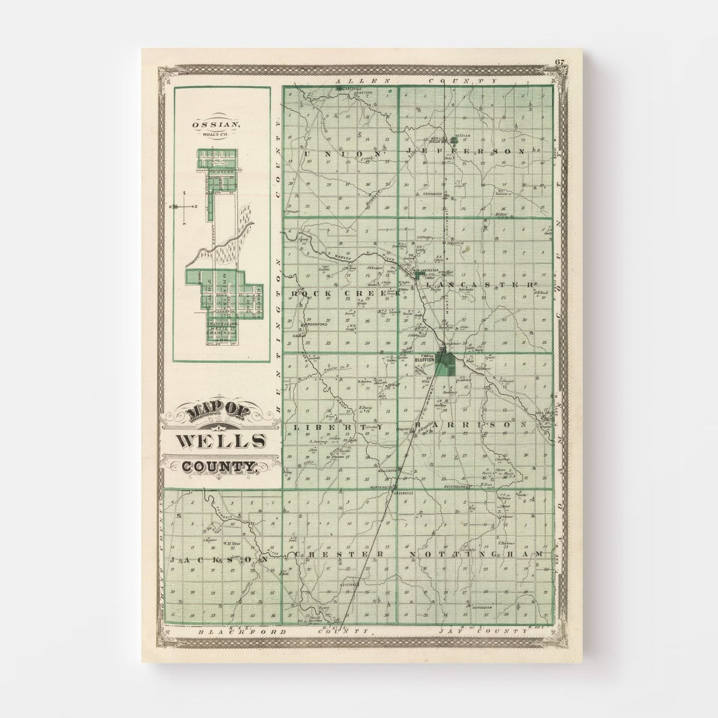 Vintage Map of Wells County, Indiana, 1876