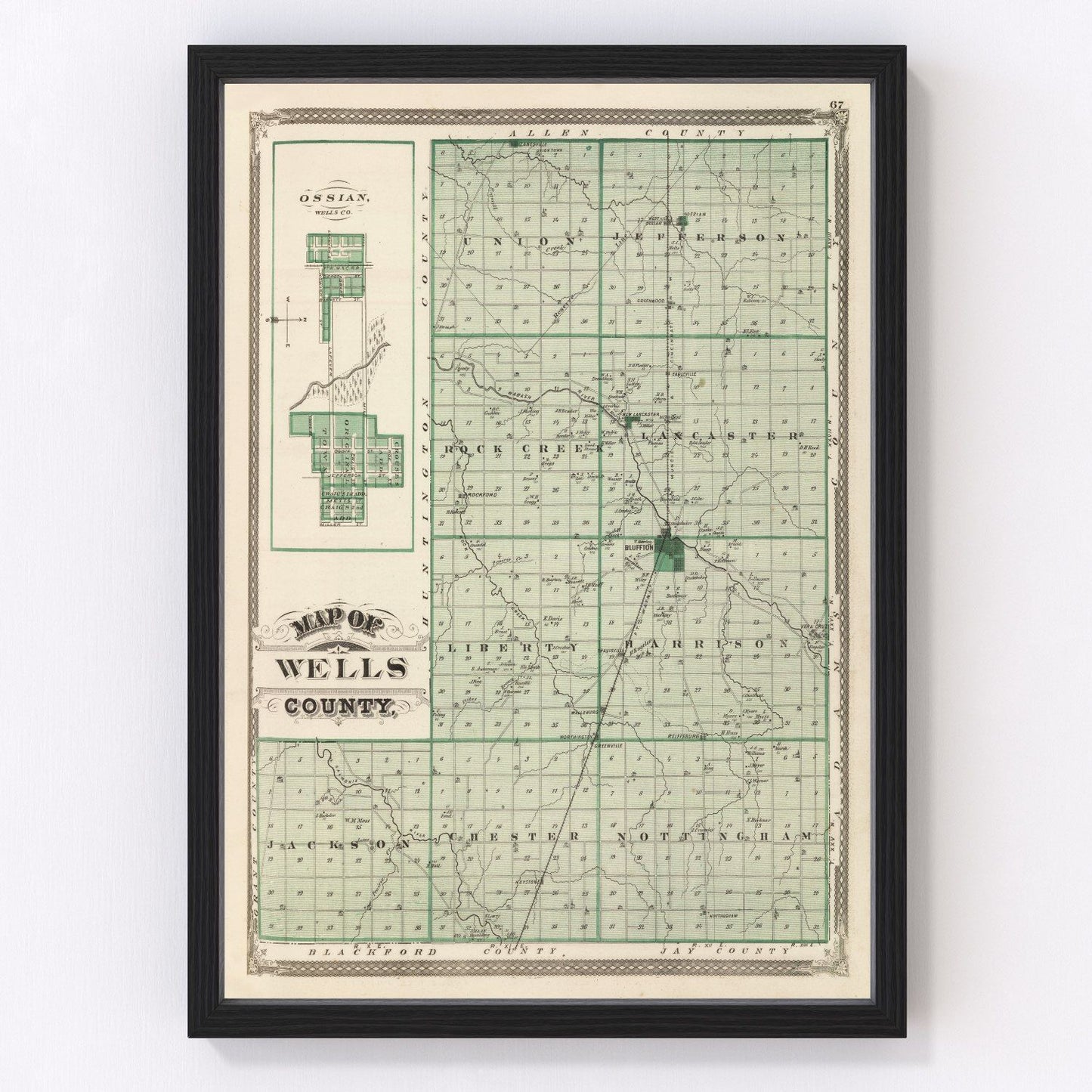 Vintage map of Wells County, Indiana, 1876, post-Civil War township layout
