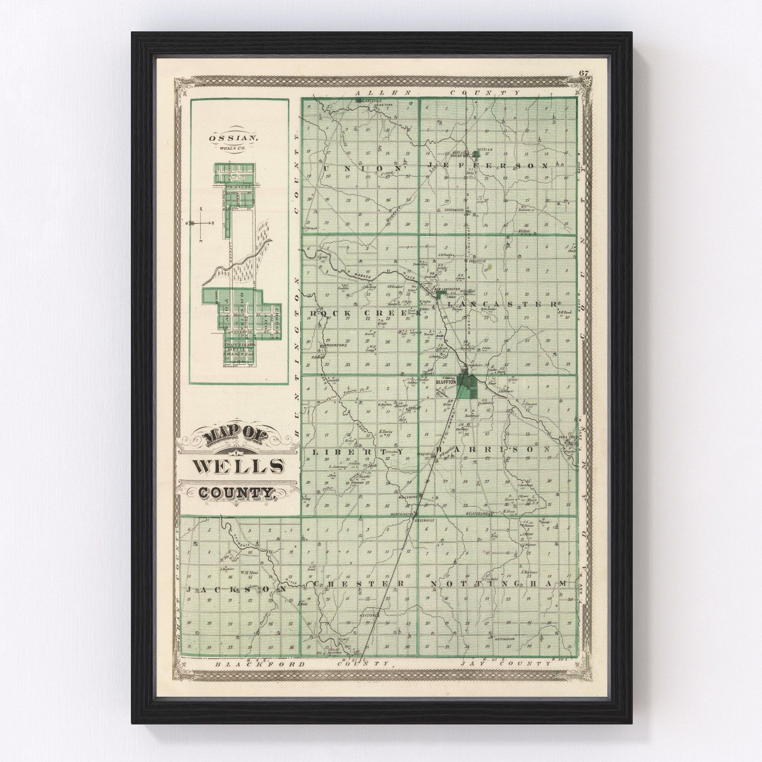 Vintage map of Wells County, Indiana, 1876, post-Civil War township layout