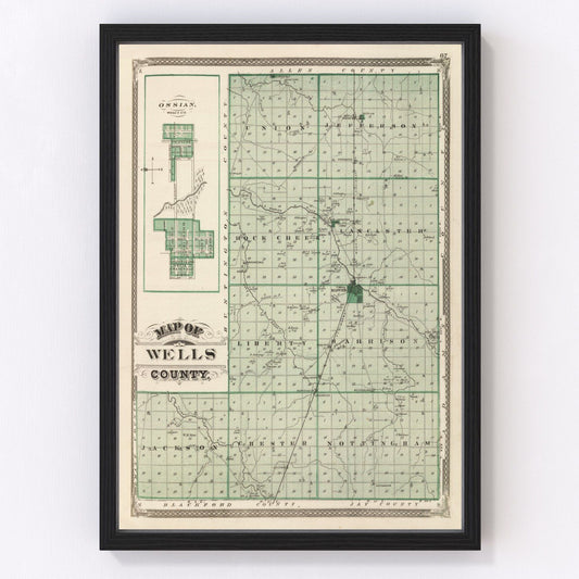 Vintage map of Wells County, Indiana, 1876, post-Civil War township layout