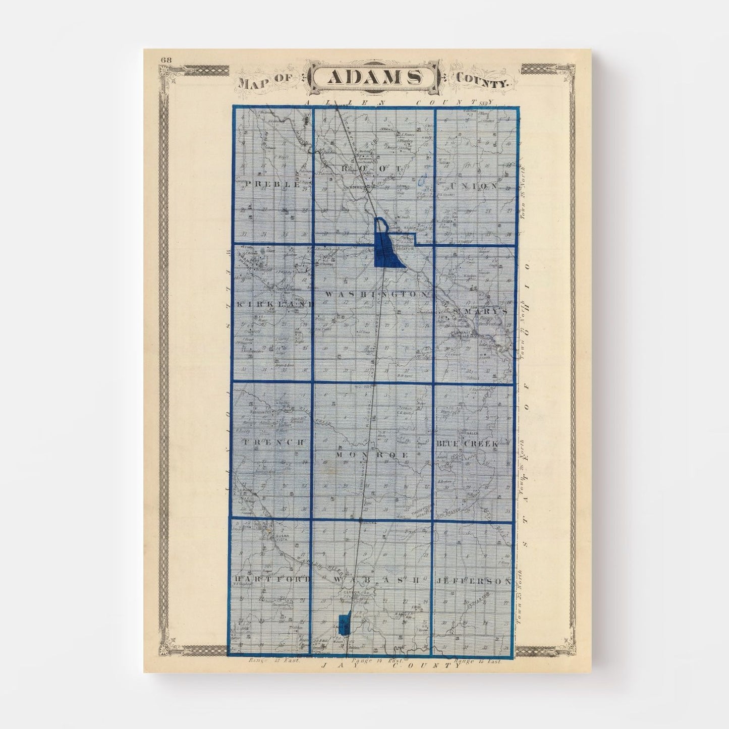 Vintage Map of Adams County, Indiana, 1876