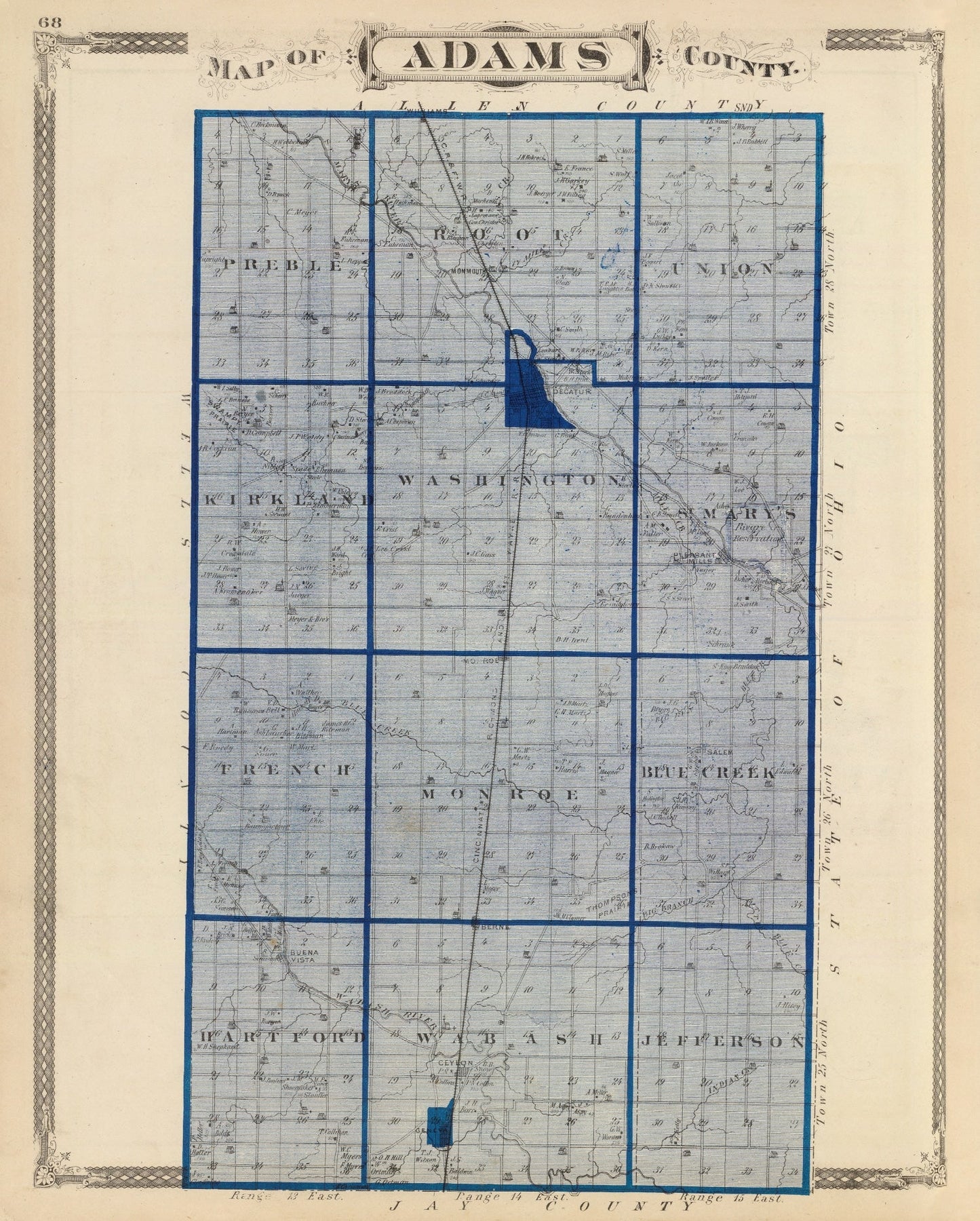 Vintage Map of Adams County, Indiana, 1876