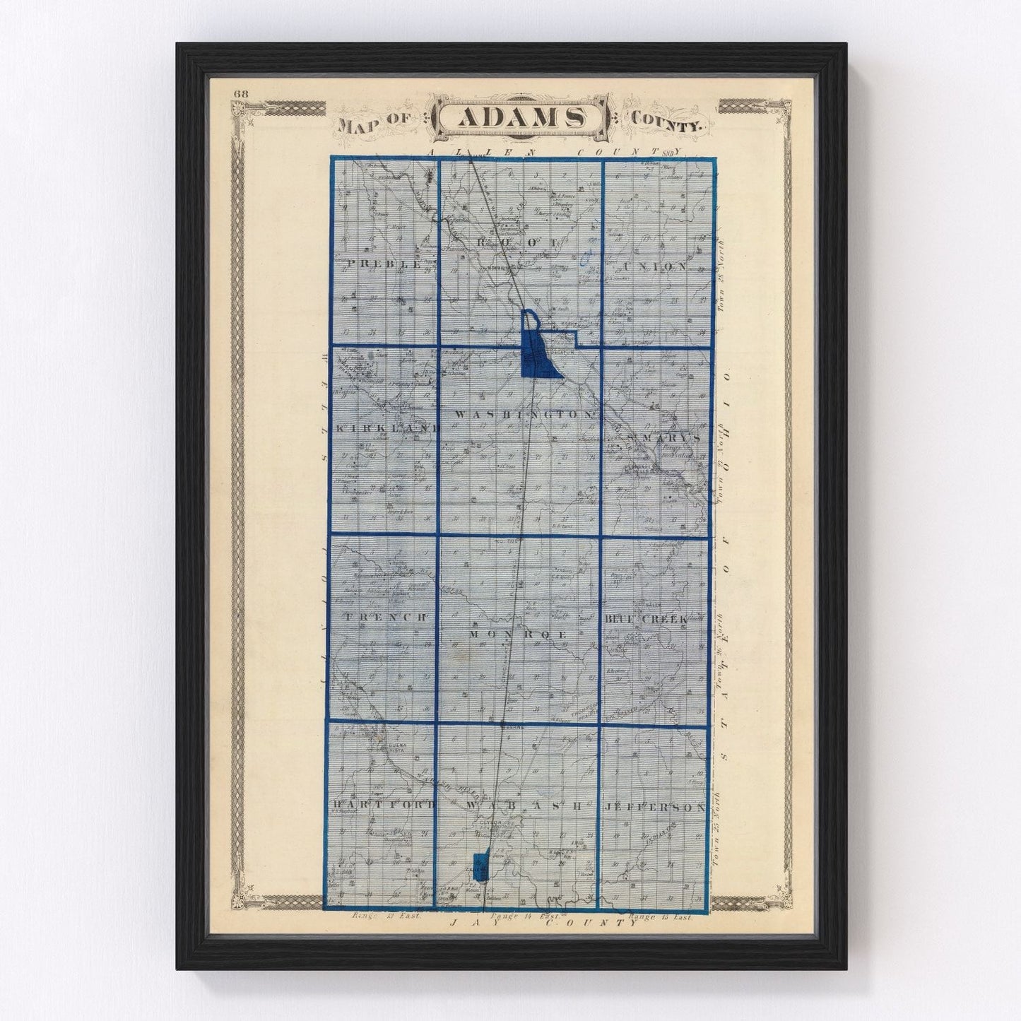 Vintage map of Adams County, Indiana, 1876 - restored post-Civil War county atlas print