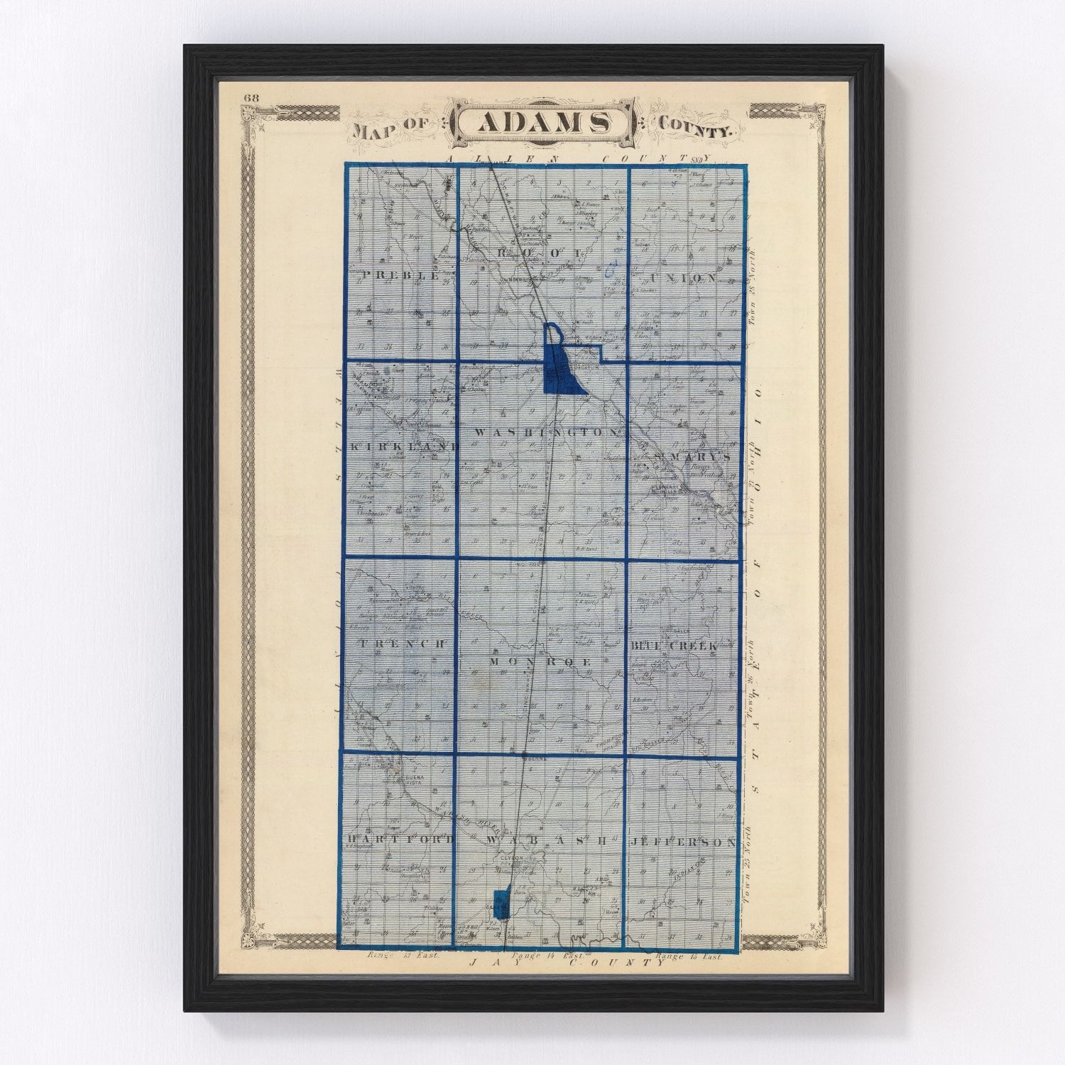 Vintage map of Adams County, Indiana, 1876 - restored post-Civil War county atlas print