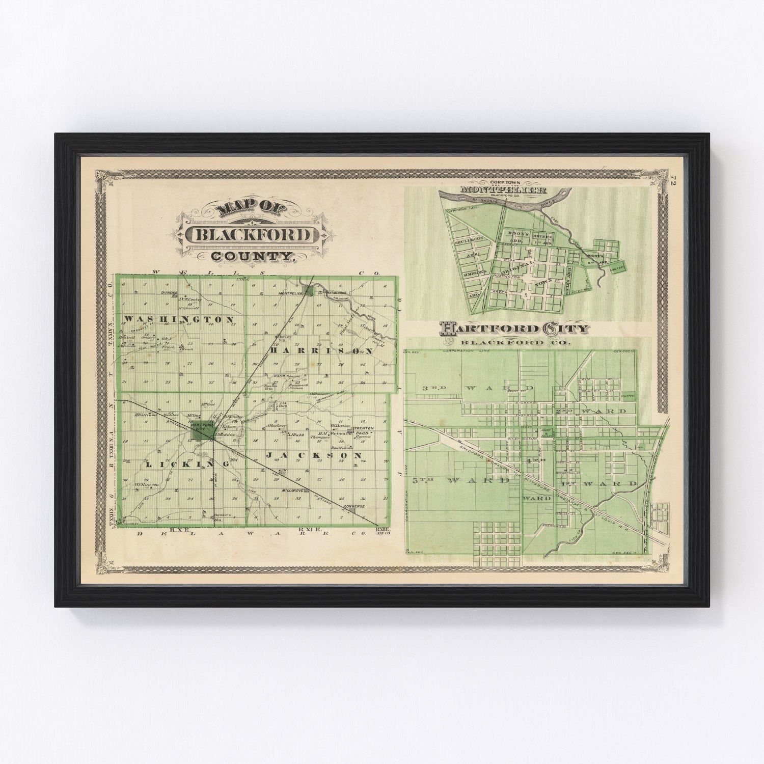 Vintage map of Blackford County, Indiana, 1876, Hartford City