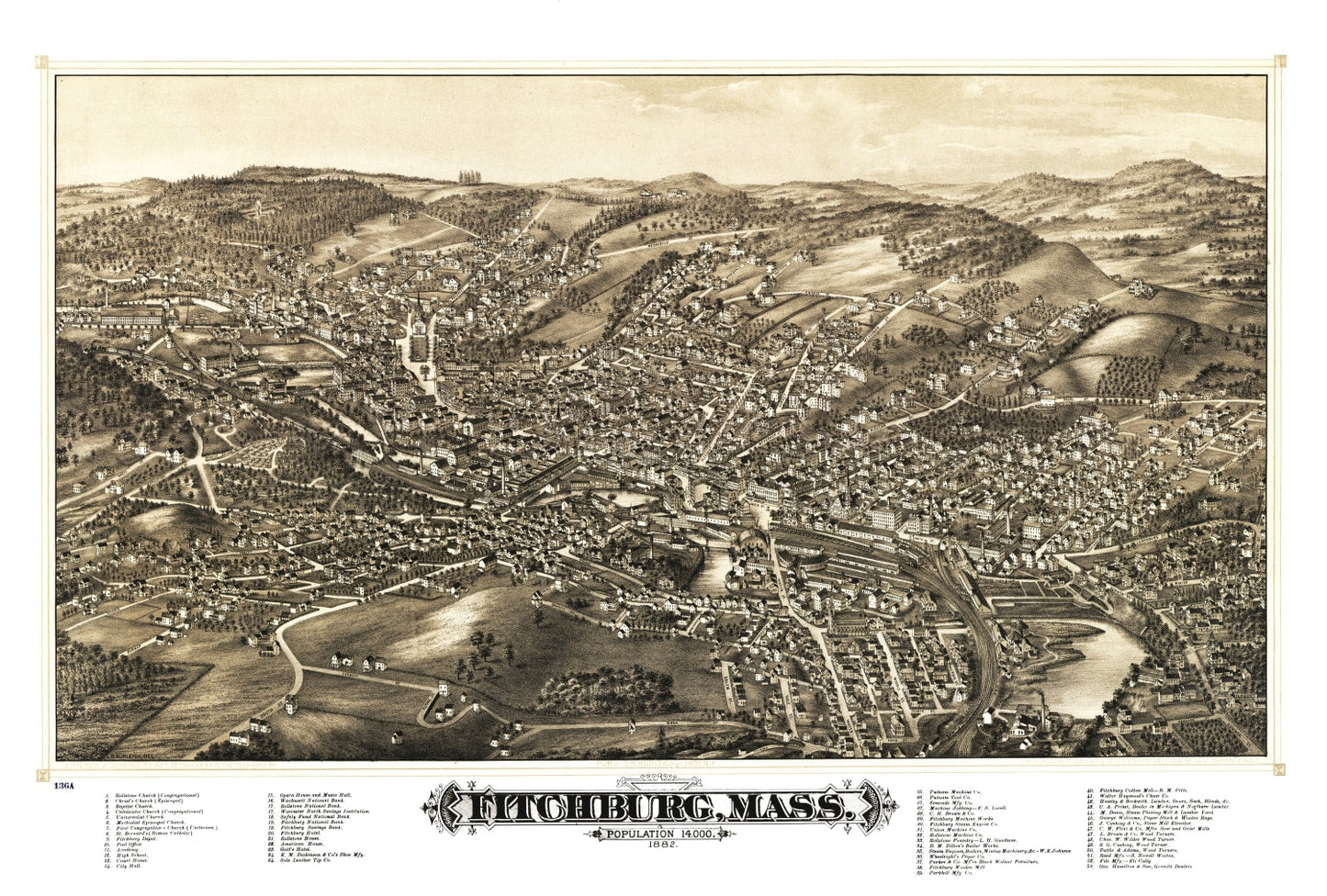 Vintage Map of Fitchburg, Massachusetts, 1882