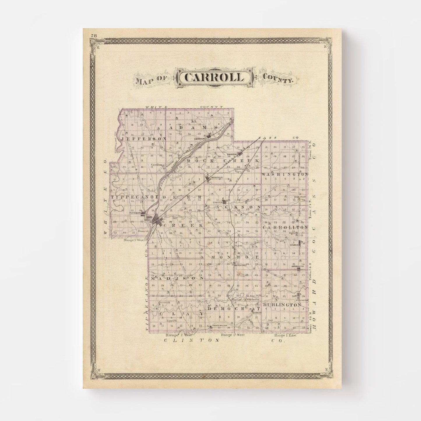 Vintage Map of Carroll County, Indiana, 1876