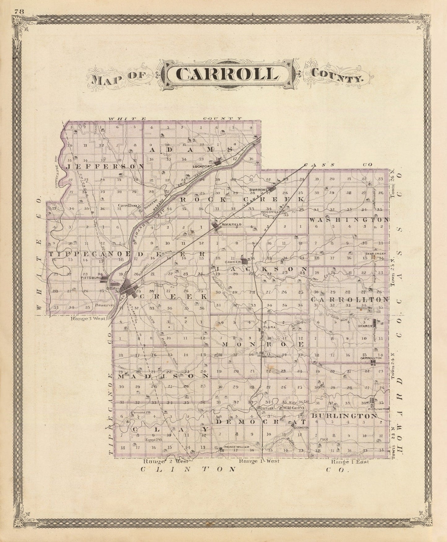 Vintage Map of Carroll County, Indiana, 1876
