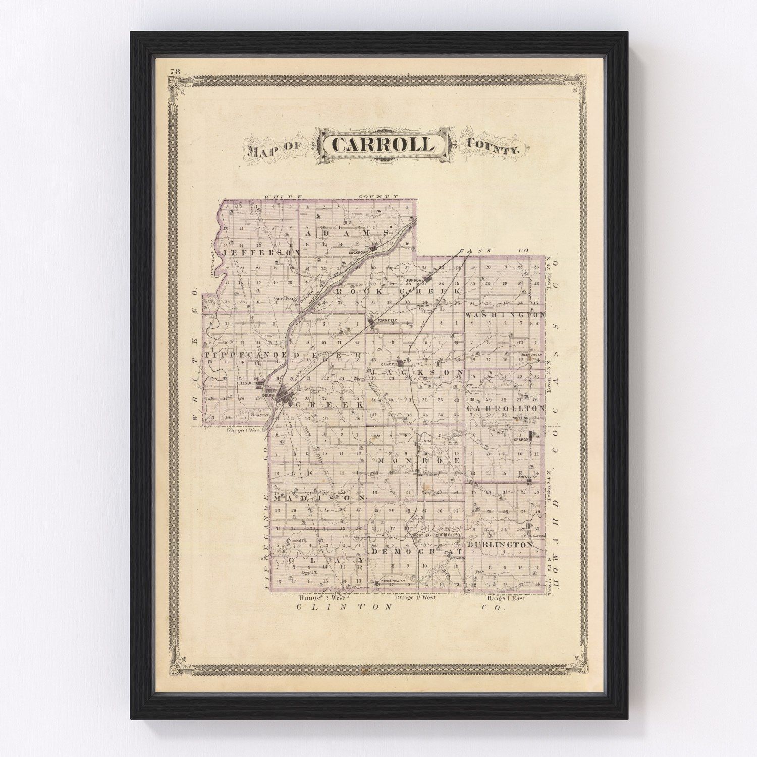 Vintage map of Carroll County, Indiana, 1876, restored vintage wall art print