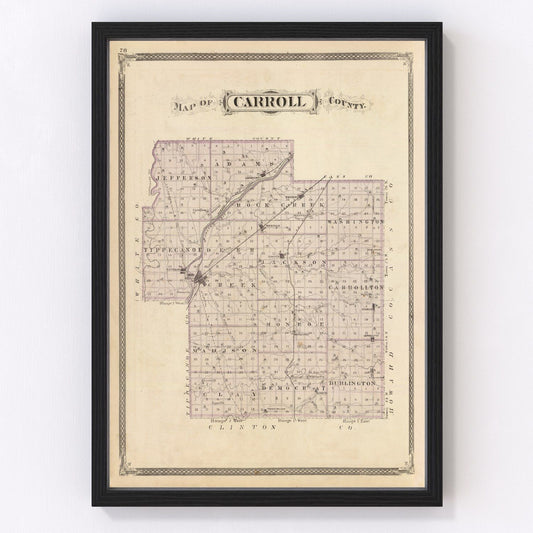 Vintage map of Carroll County, Indiana, 1876, restored vintage wall art print