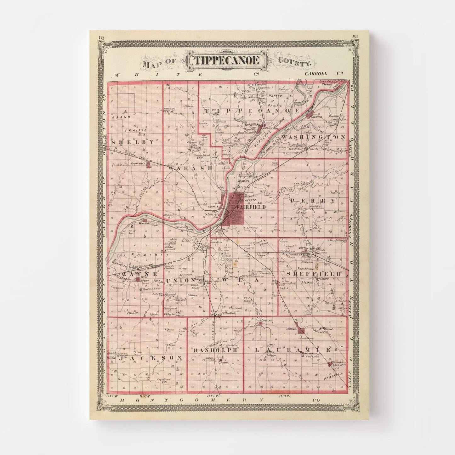 Vintage Map of Tippecanoe County, Indiana, 1876