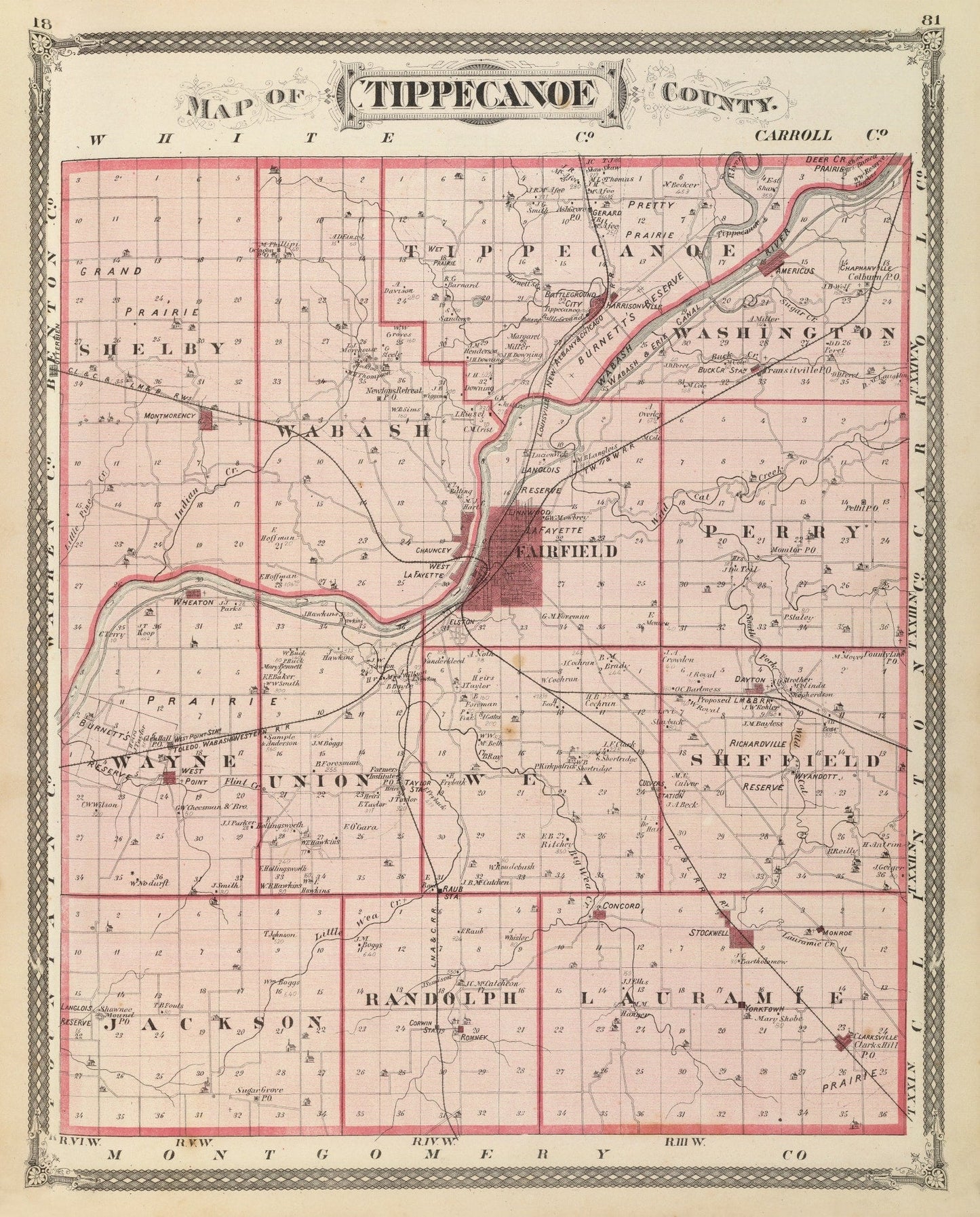 Vintage Map of Tippecanoe County, Indiana, 1876
