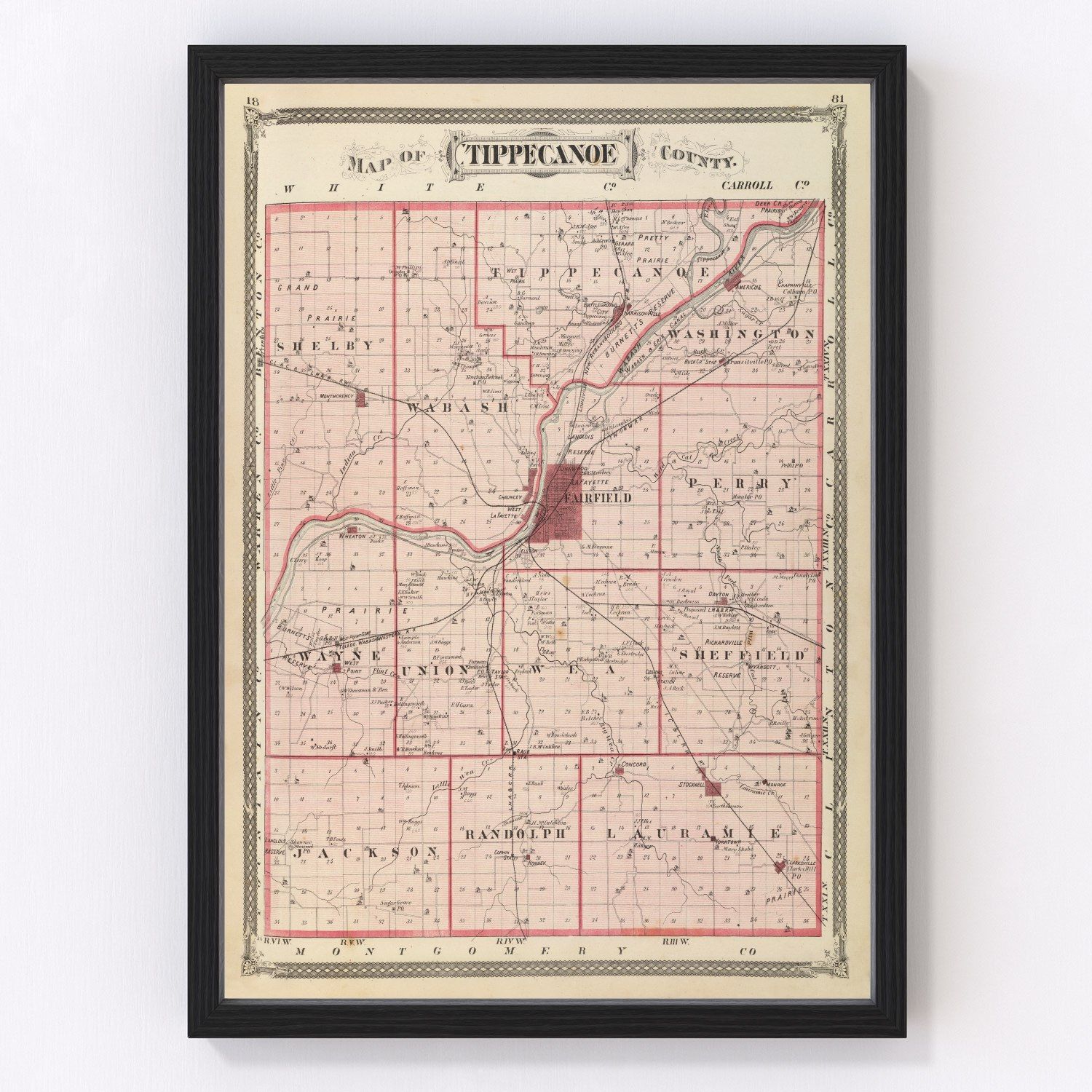 vintage map of Tippecanoe County, Indiana, 1876