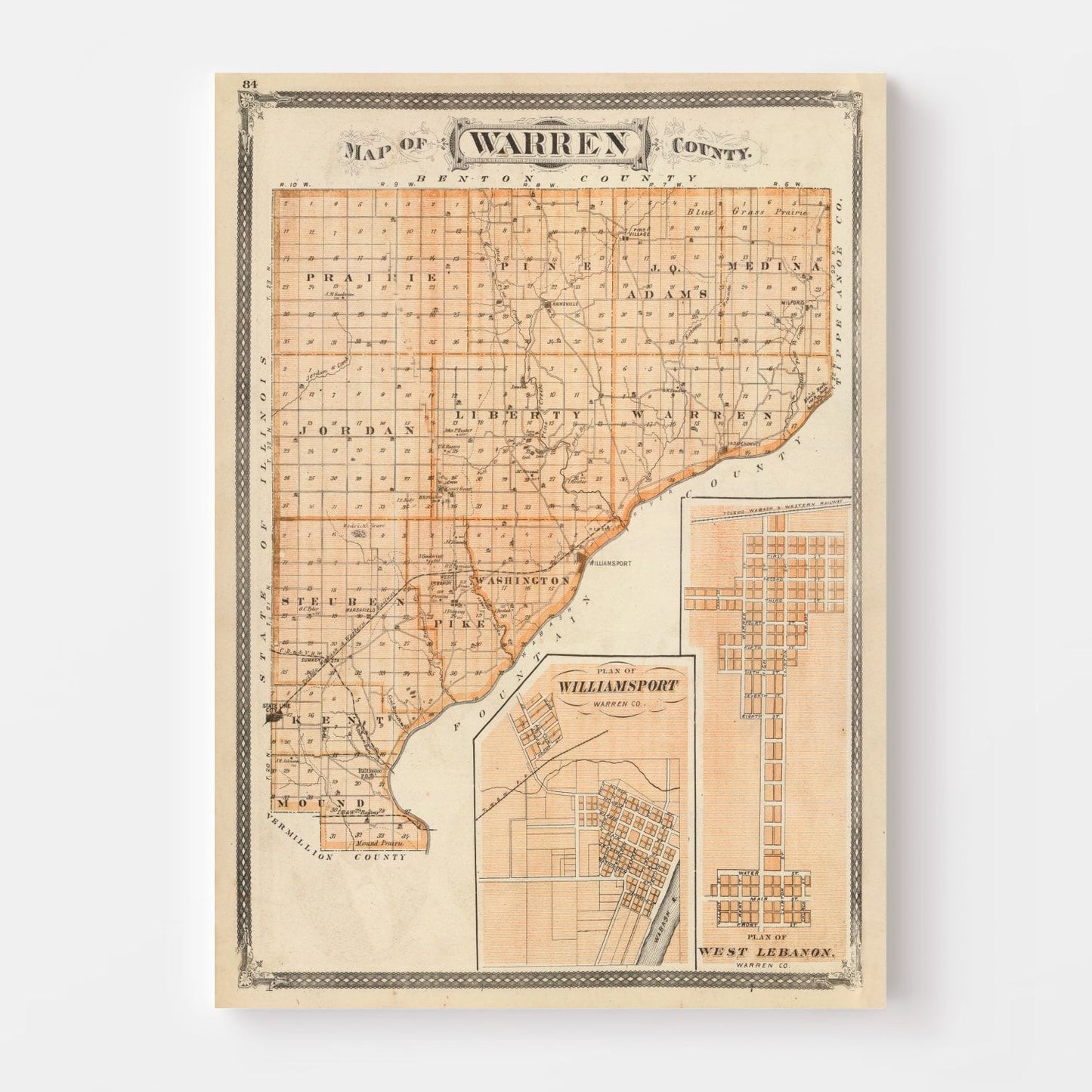 Vintage Map of Warren County, Indiana, 1876