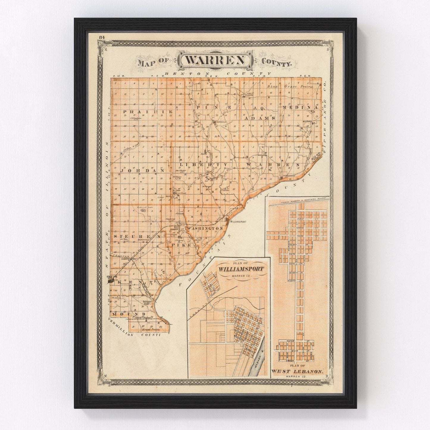 Vintage map of Warren County, Indiana, 1876, digitally restored