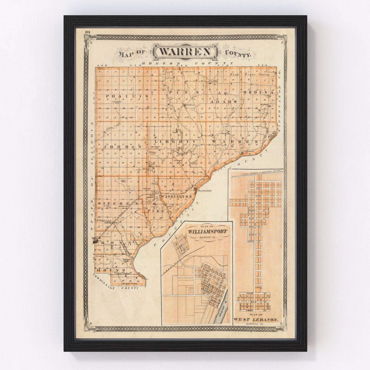 Vintage map of Warren County, Indiana, 1876, digitally restored