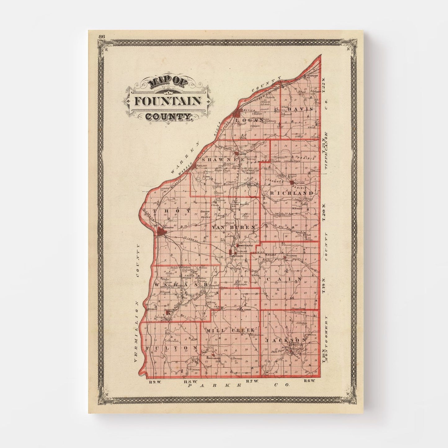 Vintage Map of Fountain County, Indiana, 1876