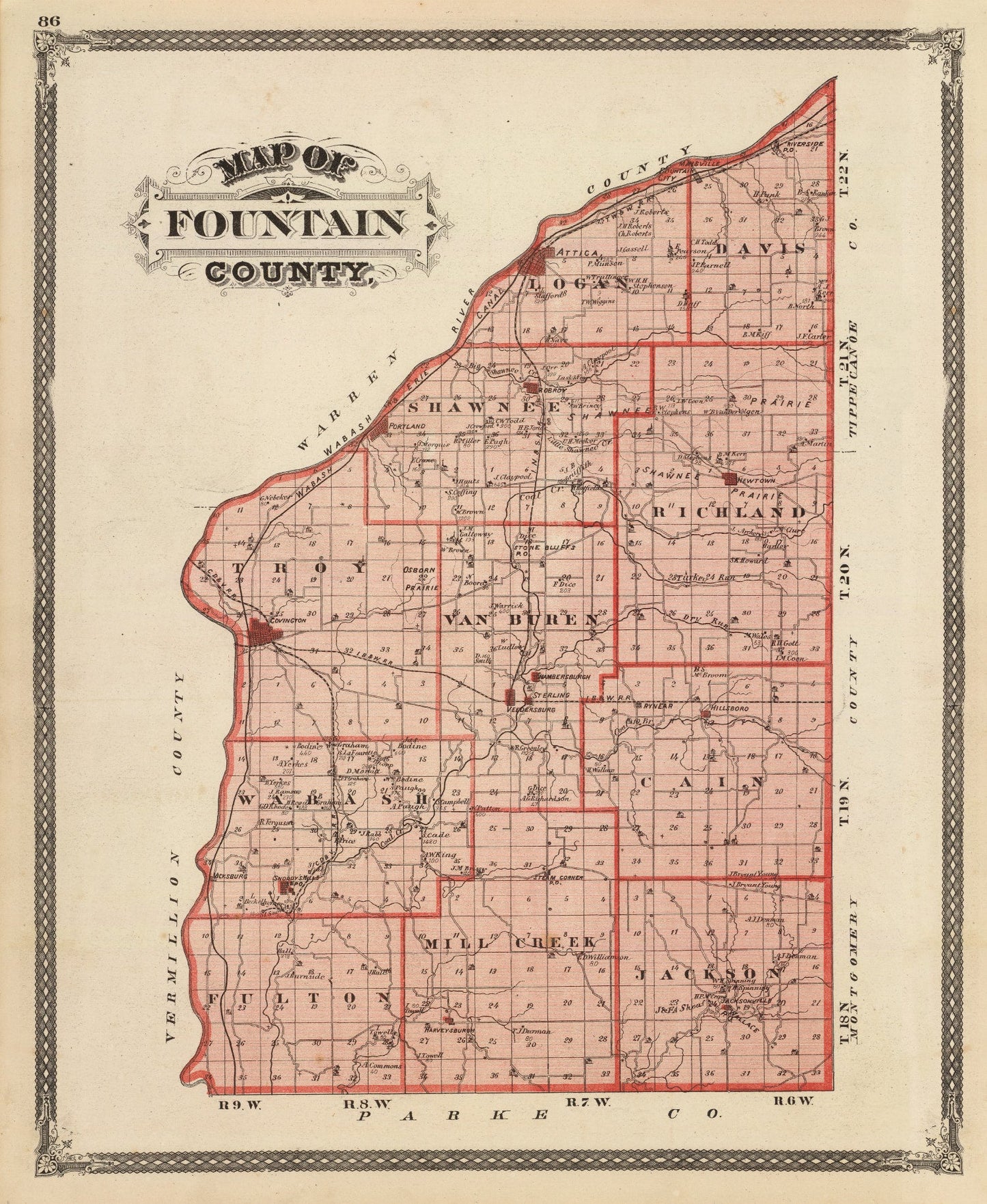 Vintage Map of Fountain County, Indiana, 1876