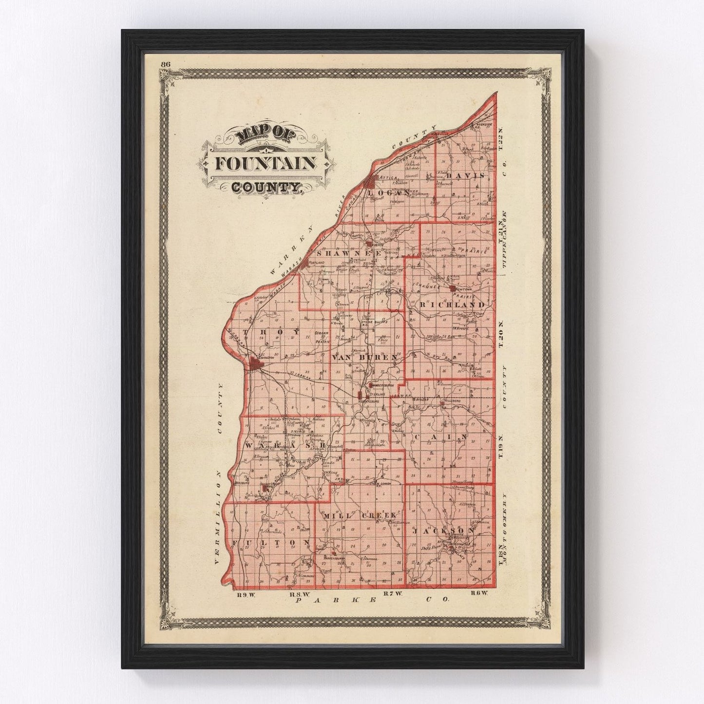 vintage map of Fountain County, Indiana, 1876