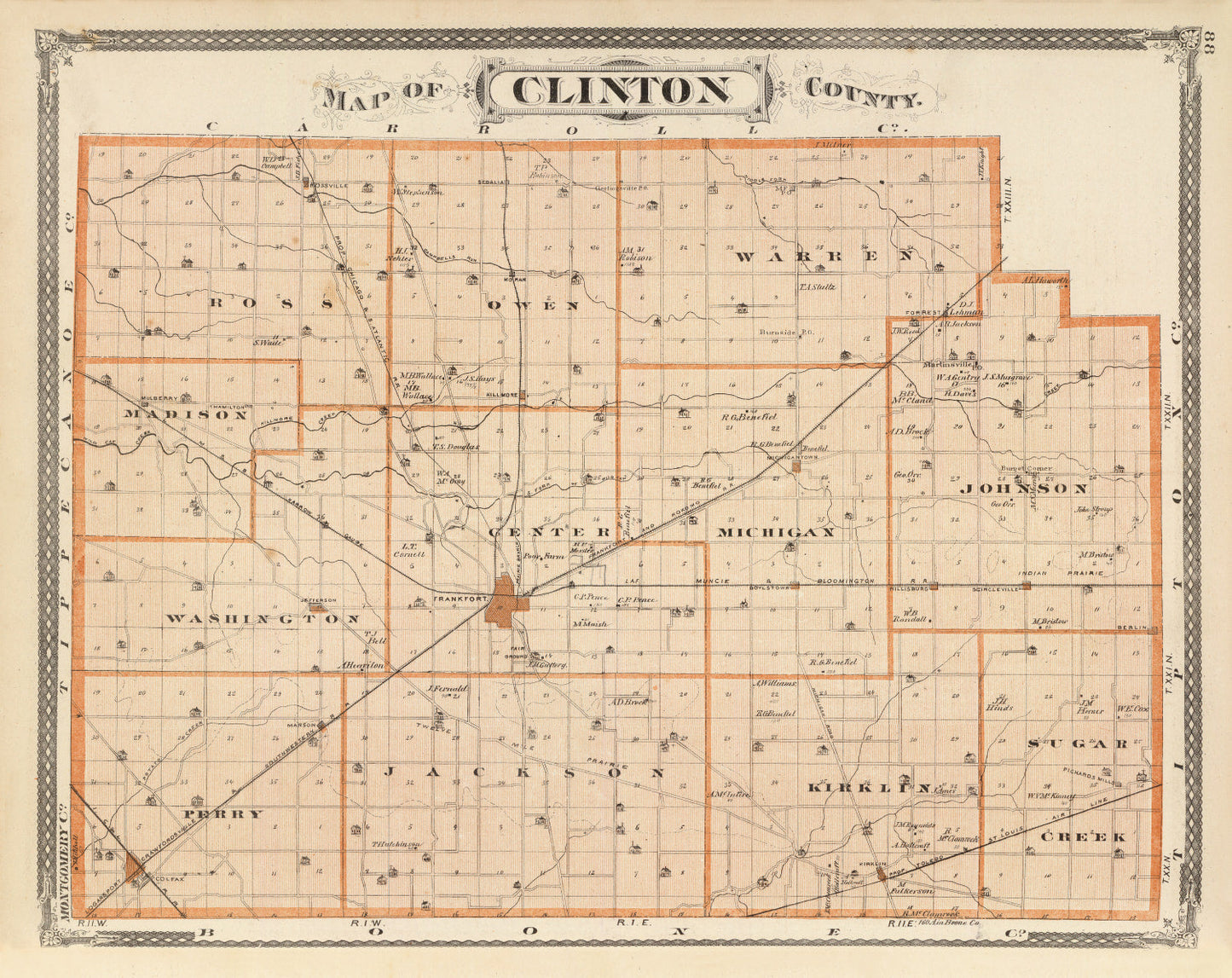 Vintage Map of Clinton County, Indiana, 1876