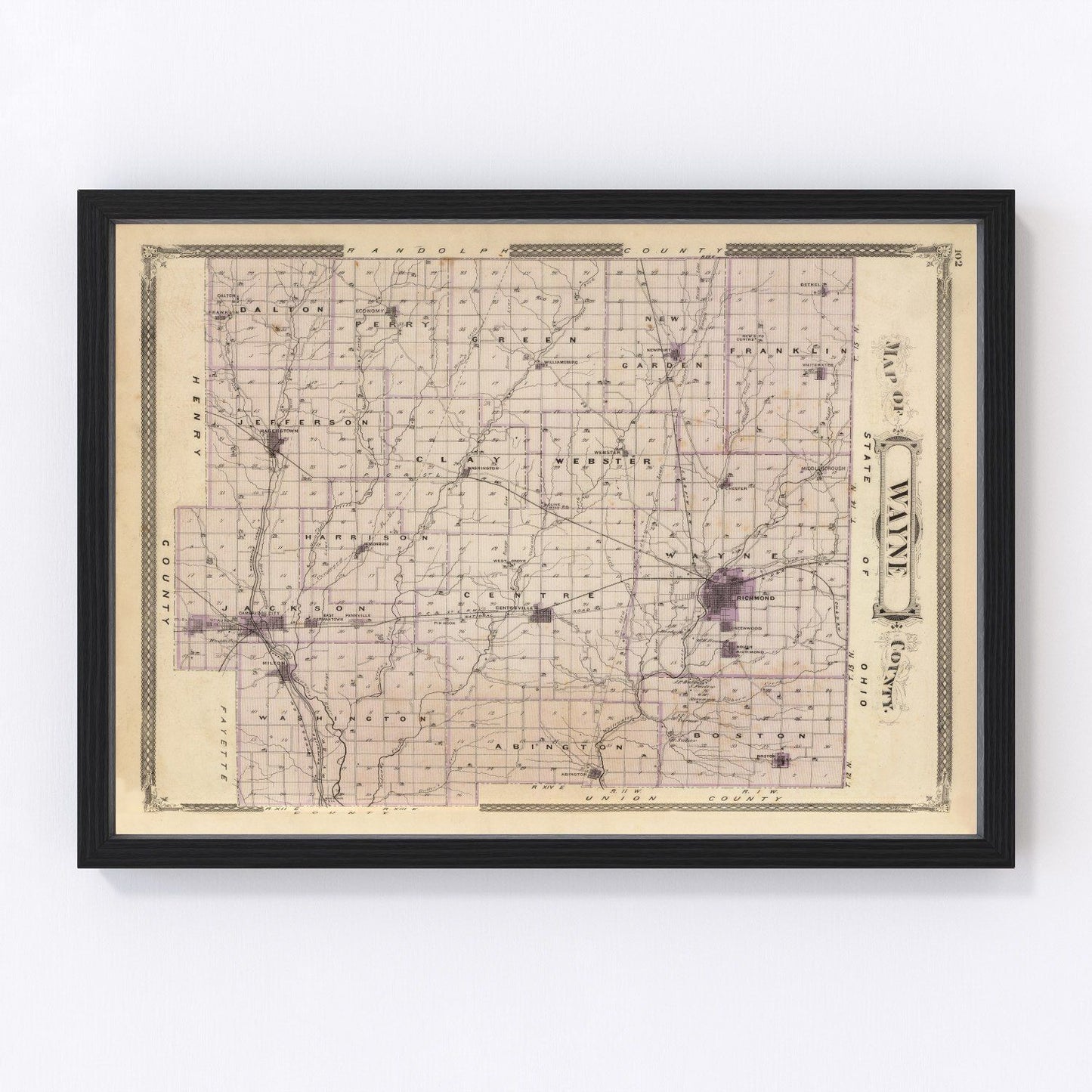 Vintage map of Wayne County, Indiana, 1876 - Richmond restored cartographic print