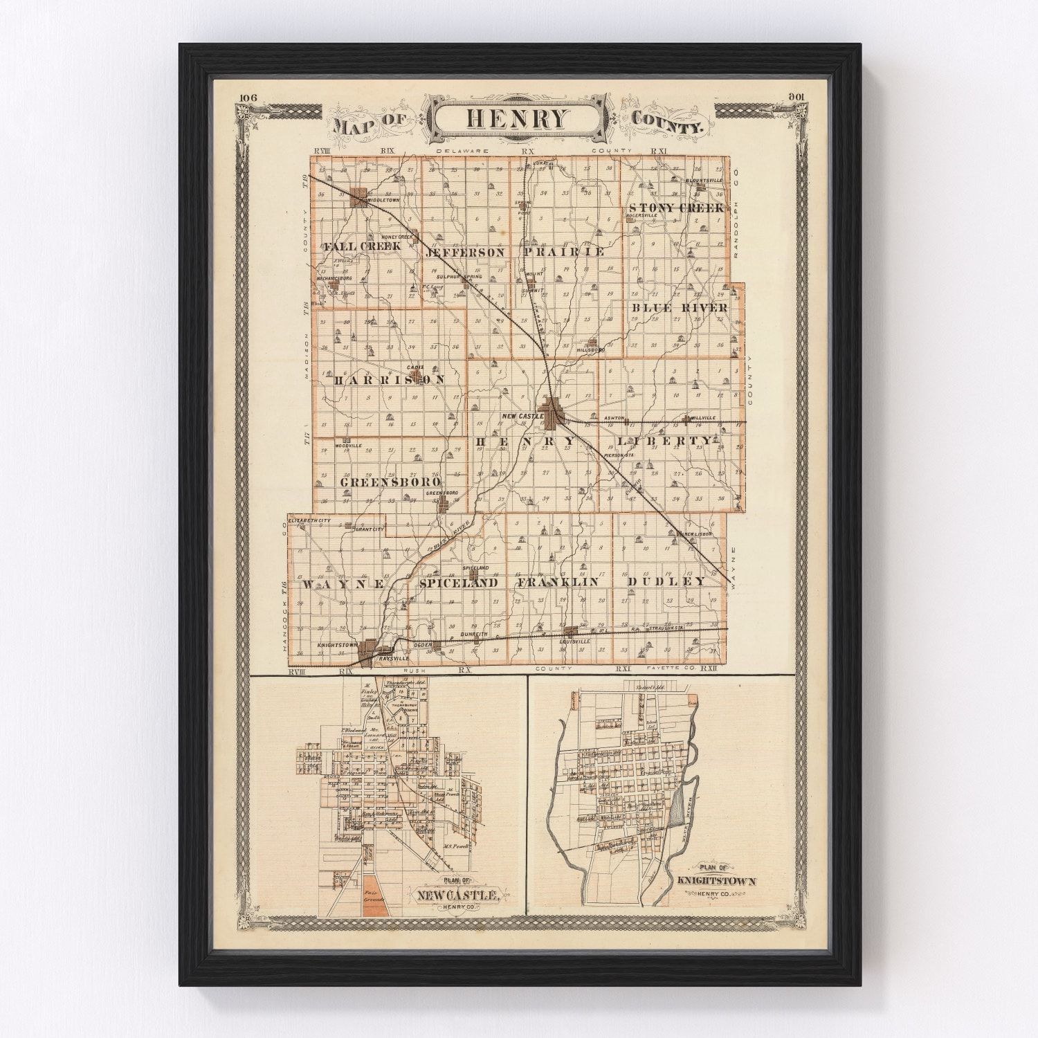 Vintage map of Henry County, Indiana, 1876