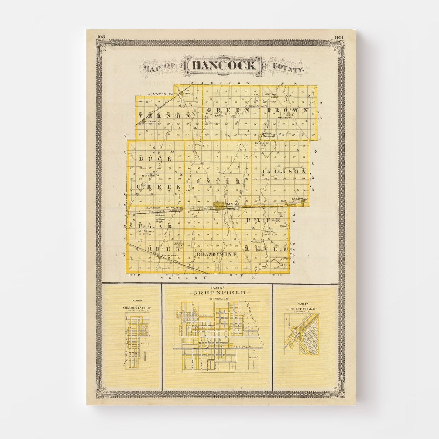 Vintage Map of Hancock County, Indiana, 1876
